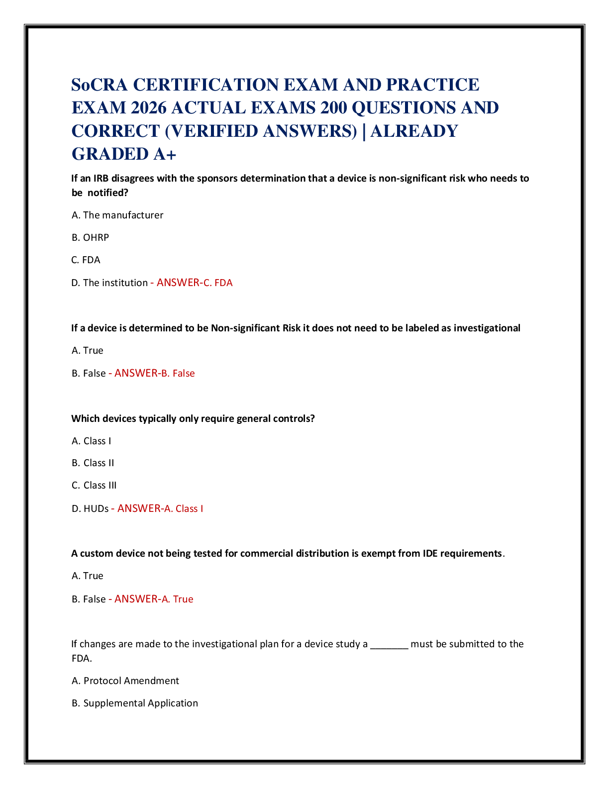 SoCRA CERTIFICATION EXAM AND PRACTICE  EXAM 2026 ACTUAL EXAMS 200 QUESTIONS AND   CORRECT (VERIFIED ANSWERS) | ALREADY  GRADED A+