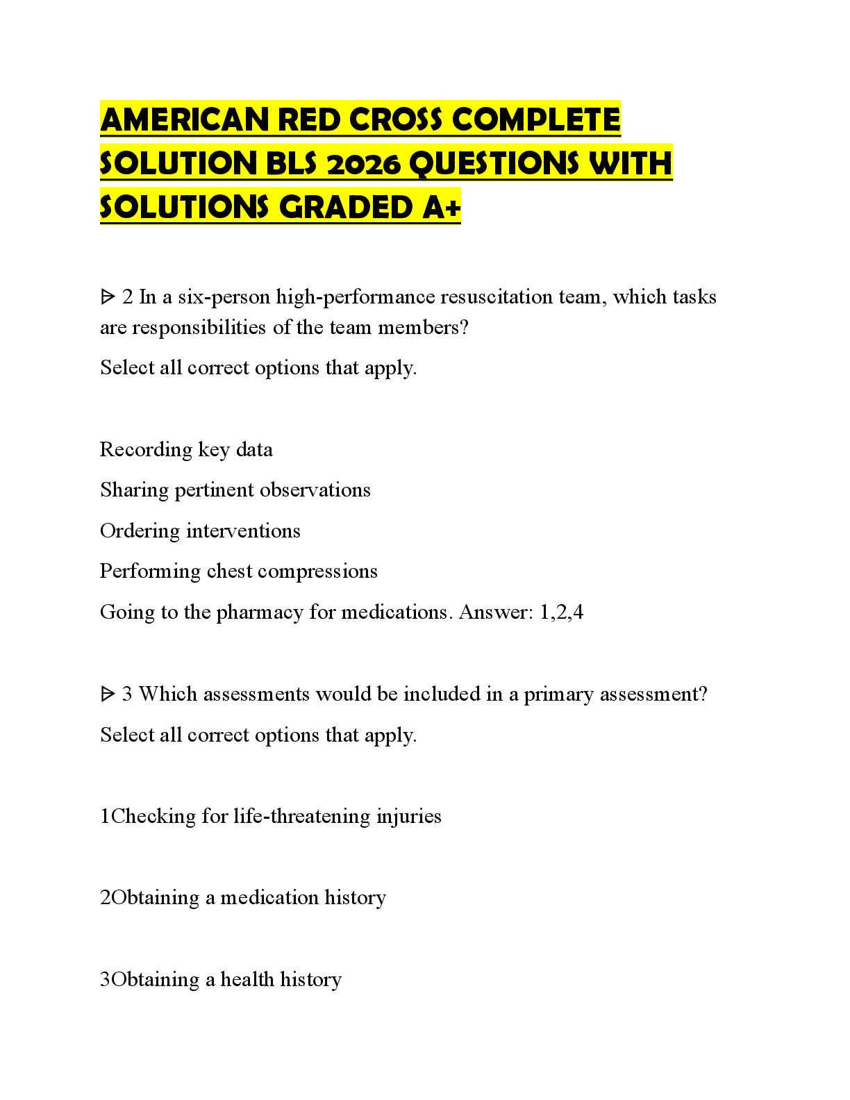 Recommended document preview for AMERICAN RED CROSS COMPLETE SOLUTION BLS 2026 QUESTIONS WITH SOLUTIONS GRADED A+