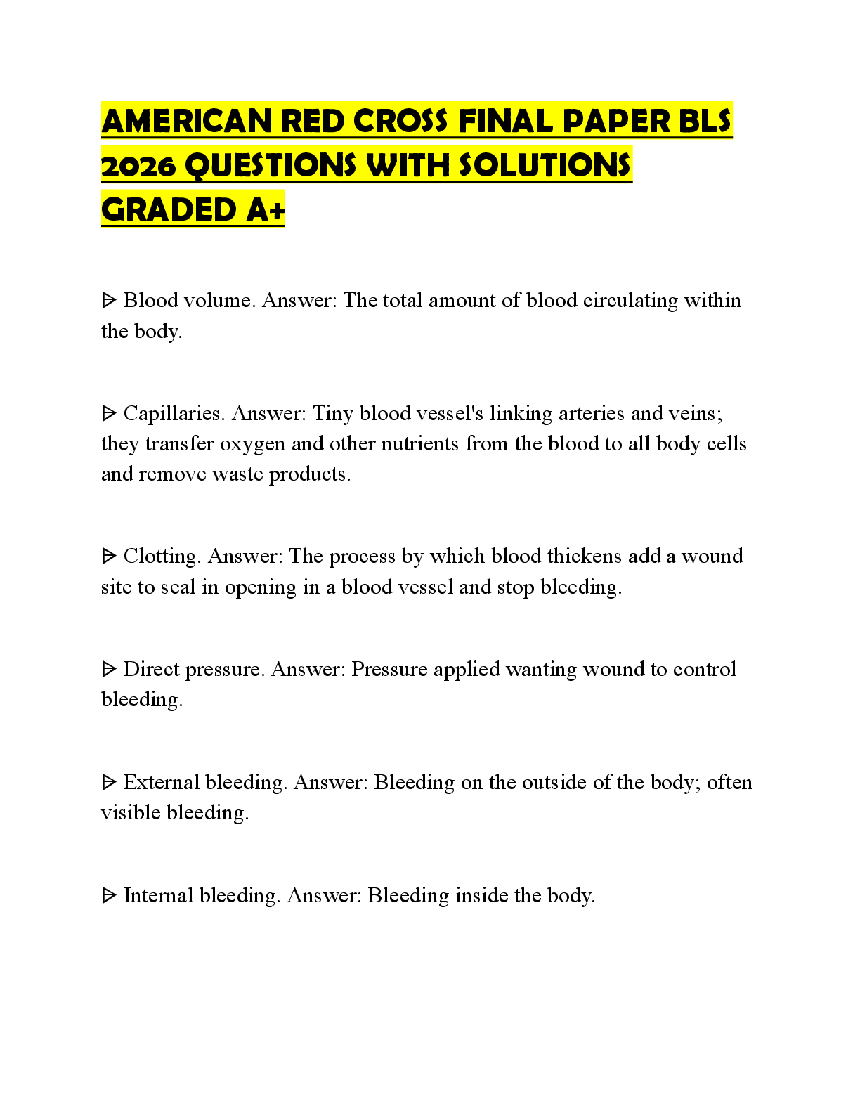 Recommended document preview for AMERICAN RED CROSS FINAL PAPER BLS 2026 QUESTIONS WITH SOLUTIONS GRADED A+