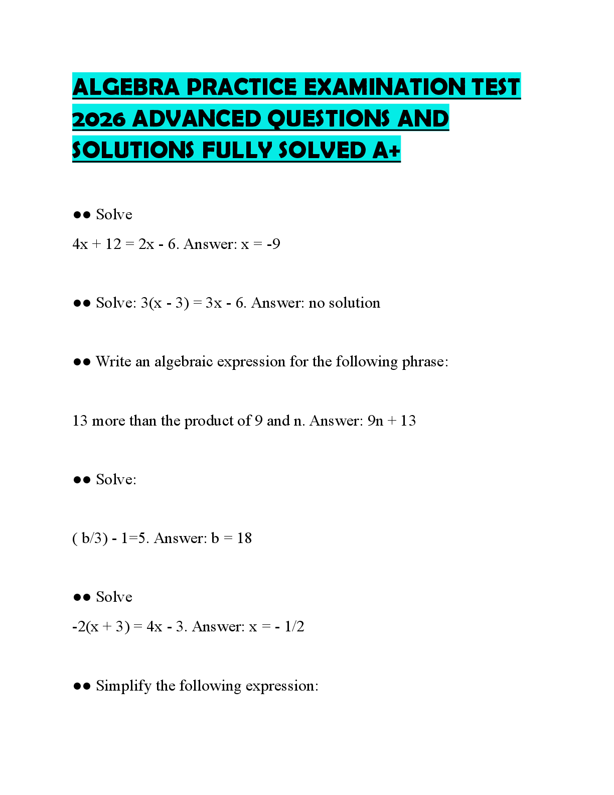 Recommended document preview for ALGEBRA PRACTICE EXAMINATION TEST 2026 ADVANCED QUESTIONS AND SOLUTIONS FULLY SOLVED A+