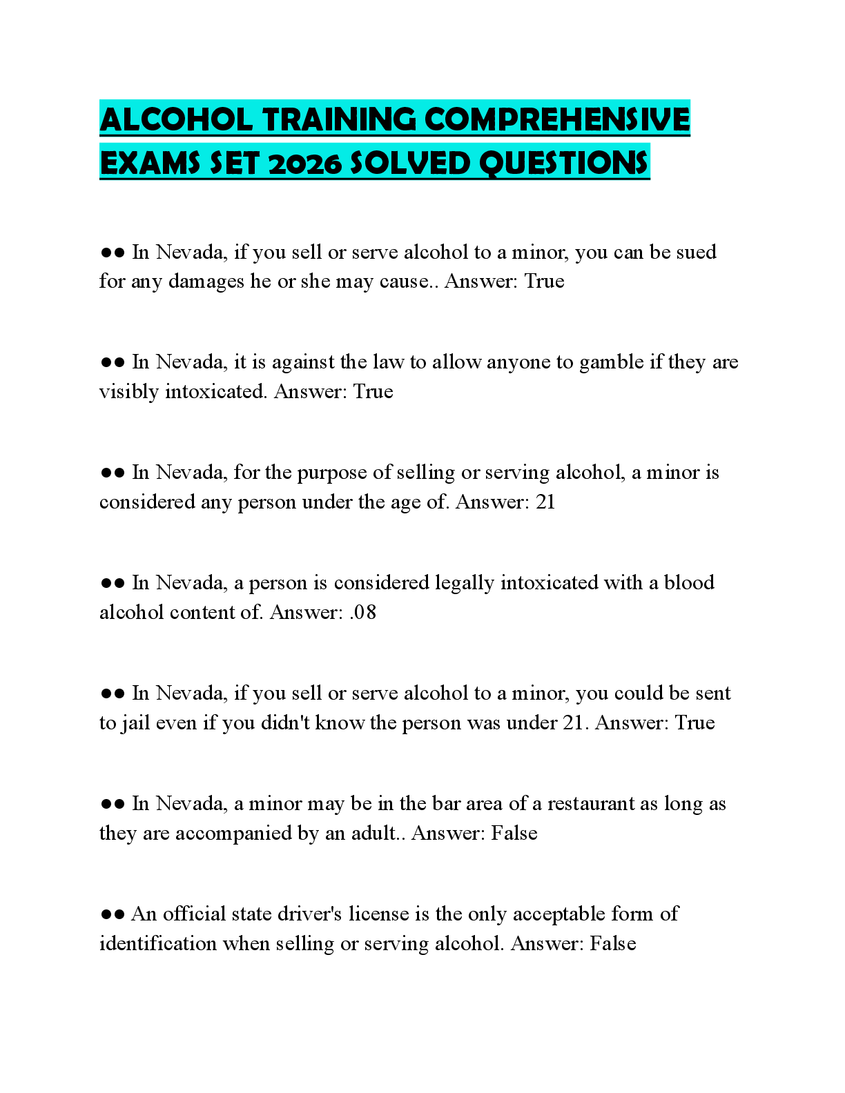 Preview of ALCOHOL TRAINING COMPREHENSIVE EXAMS SET 2026 SOLVED QUESTIONS
