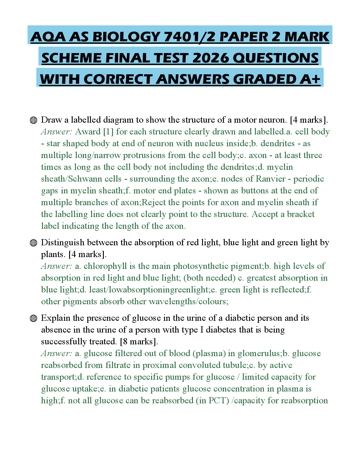 Recommended document preview for AQA AS BIOLOGY 7401/2 PAPER 2 MARK SCHEME FINAL TEST 2026 QUESTIONS WITH CORRECT ANSWERS GRADED A+
