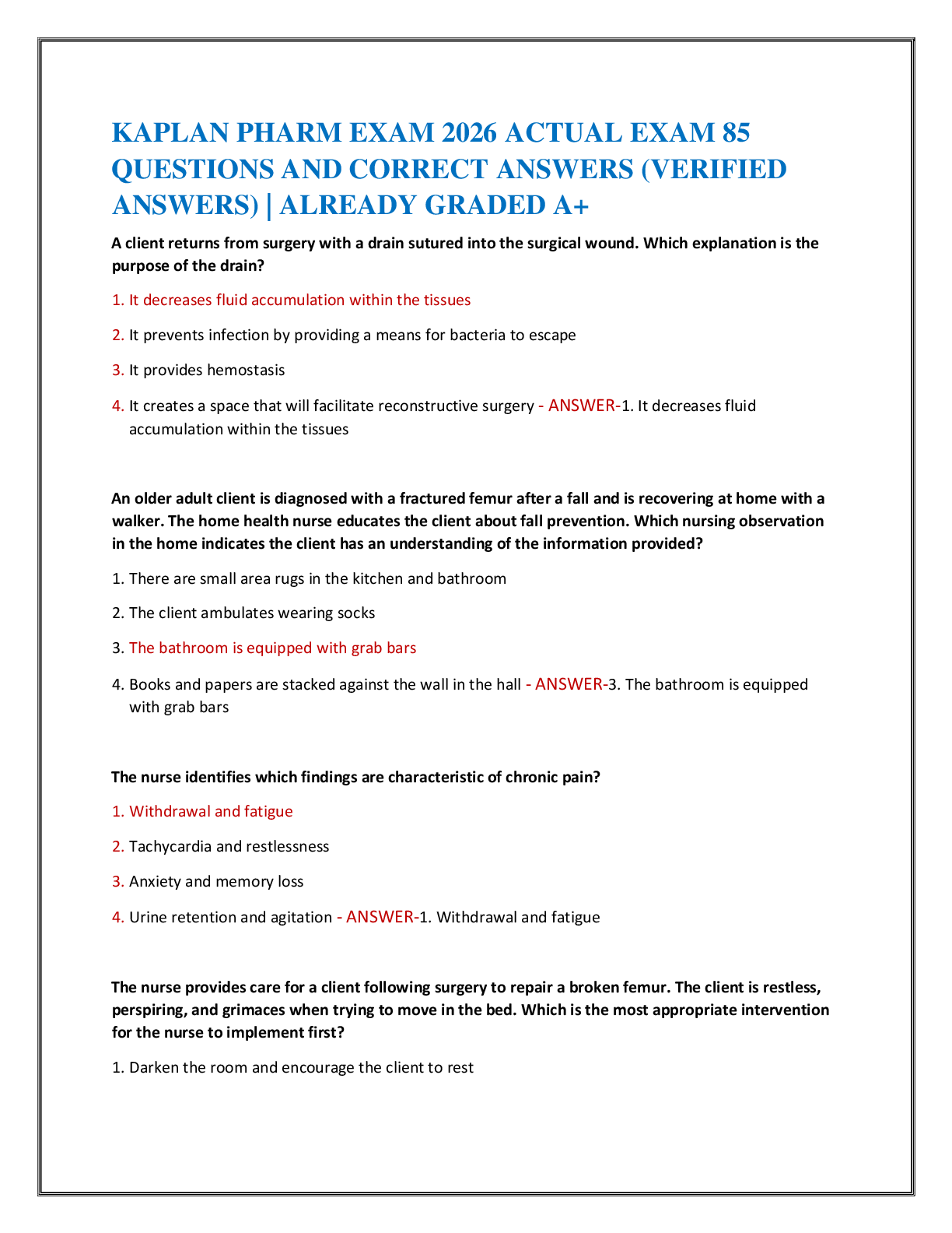 Preview of KAPLAN PHARM EXAM 2026 ACTUAL EXAM 85   QUESTIONS AND CORRECT ANSWERS (VERIFIED  ANSWERS) | ALREADY GRADED A+