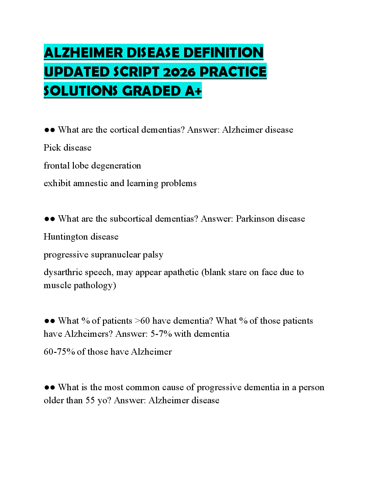 Preview of ALZHEIMER DISEASE DEFINITION UPDATED SCRIPT 2026 PRACTICE SOLUTIONS GRADED A+