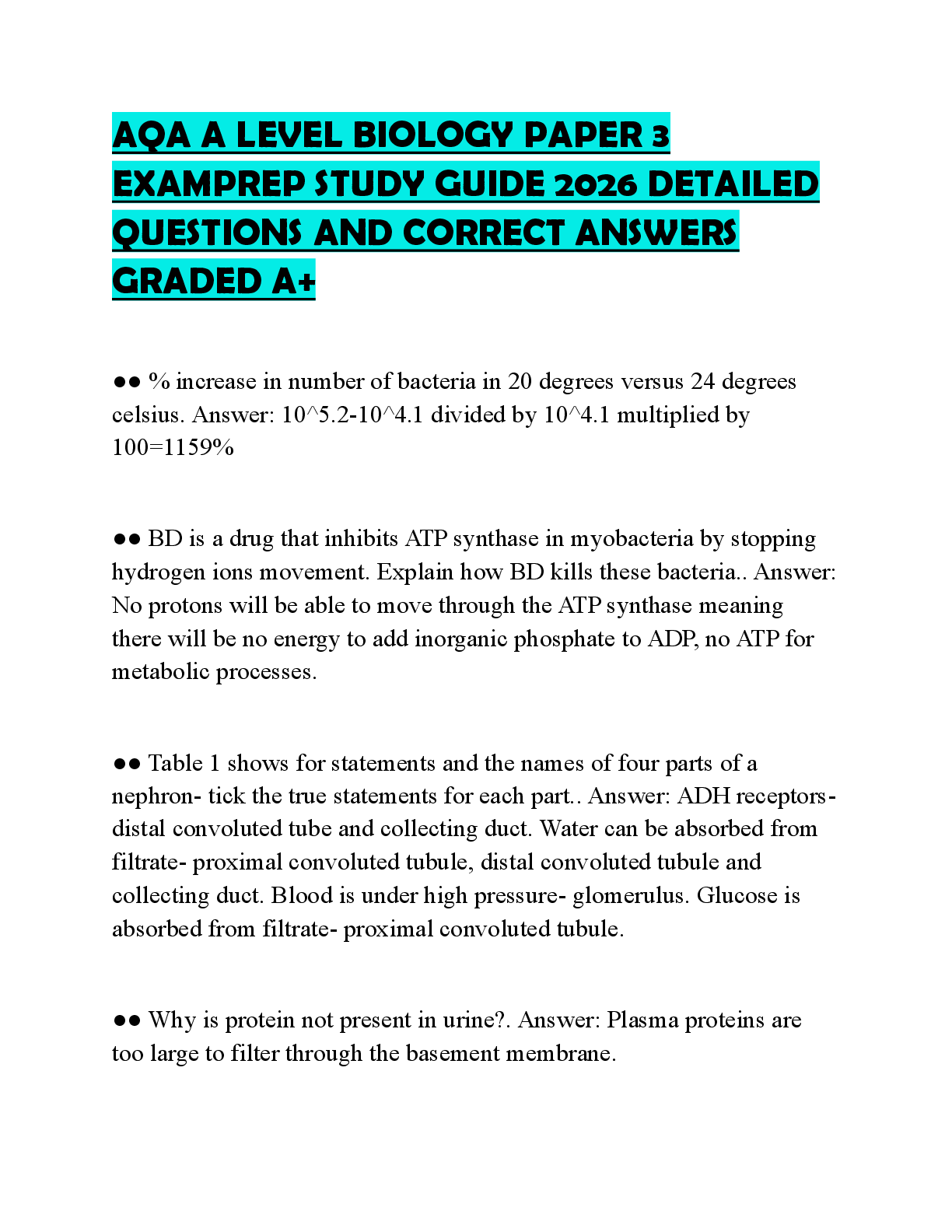 Recommended document preview for AQA A LEVEL BIOLOGY PAPER 3 EXAMPREP STUDY GUIDE 2026 DETAILED QUESTIONS AND CORRECT ANSWERS GRADED A+