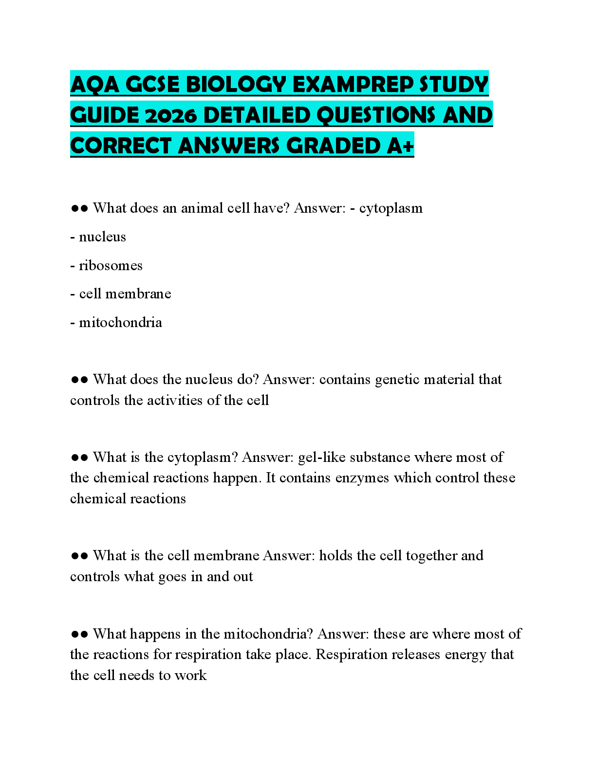 Recommended document preview for AQA GCSE BIOLOGY EXAMPREP STUDY GUIDE 2026 DETAILED QUESTIONS AND CORRECT ANSWERS GRADED A+