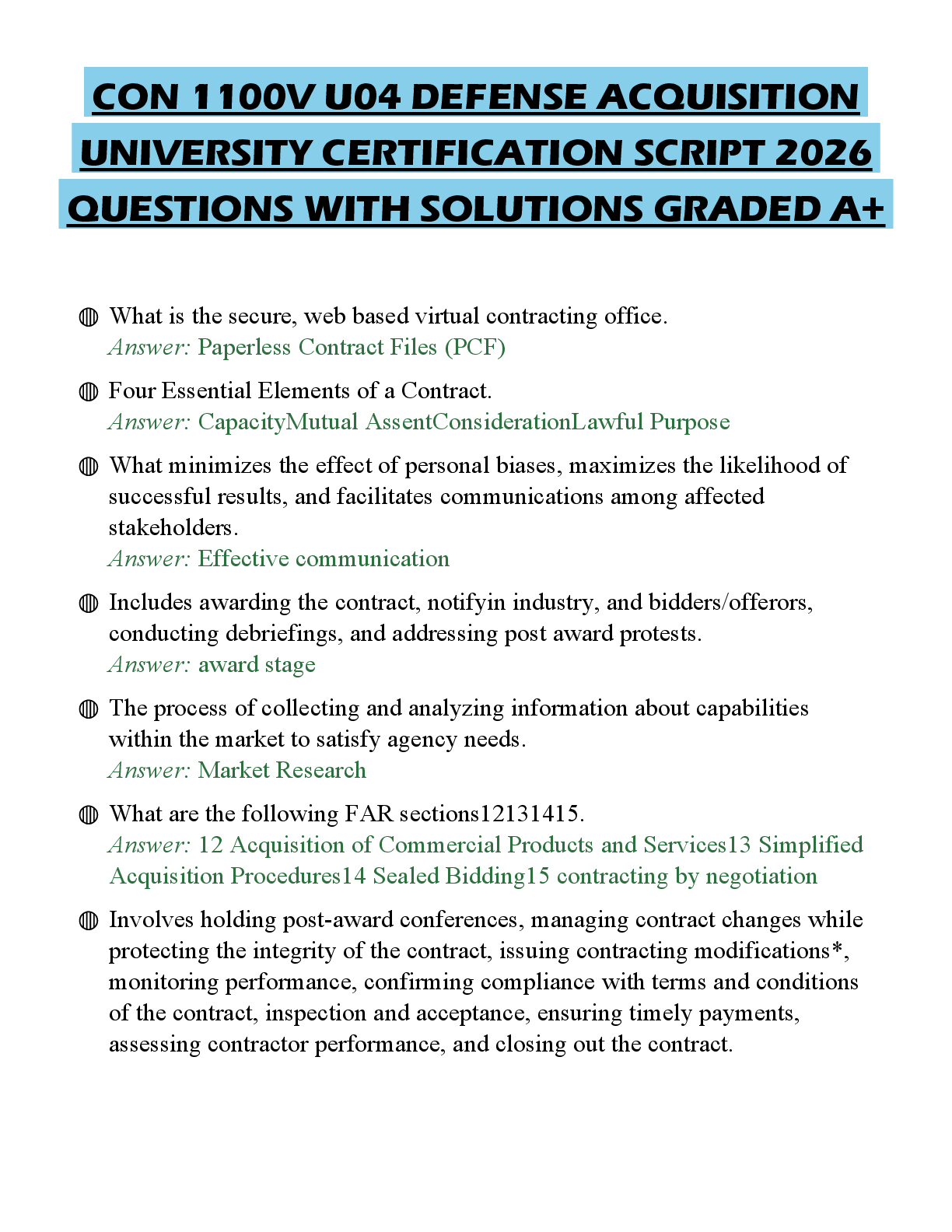 Recommended document preview for CON 1100V U04 DEFENSE ACQUISITION UNIVERSITY CERTIFICATION SCRIPT 2026 QUESTIONS WITH SOLUTIONS GRADED A+