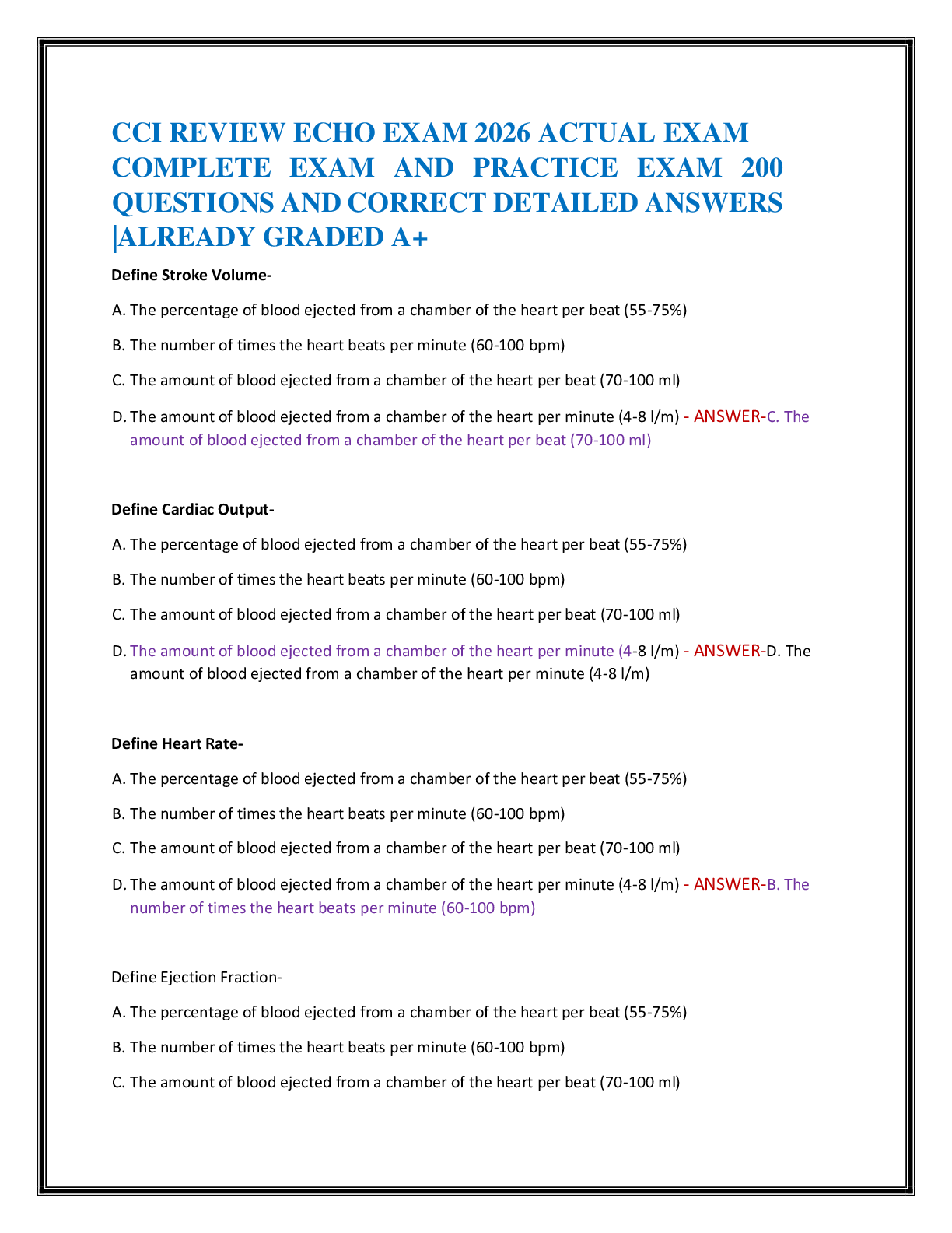 Recommended document preview for CCI REVIEW ECHO EXAM 2026 ACTUAL EXAM   COMPLETE EXAM AND PRACTICE EXAM 200  QUESTIONS AND CORRECT DETAILED ANSWERS  |ALREADY GRADED A+