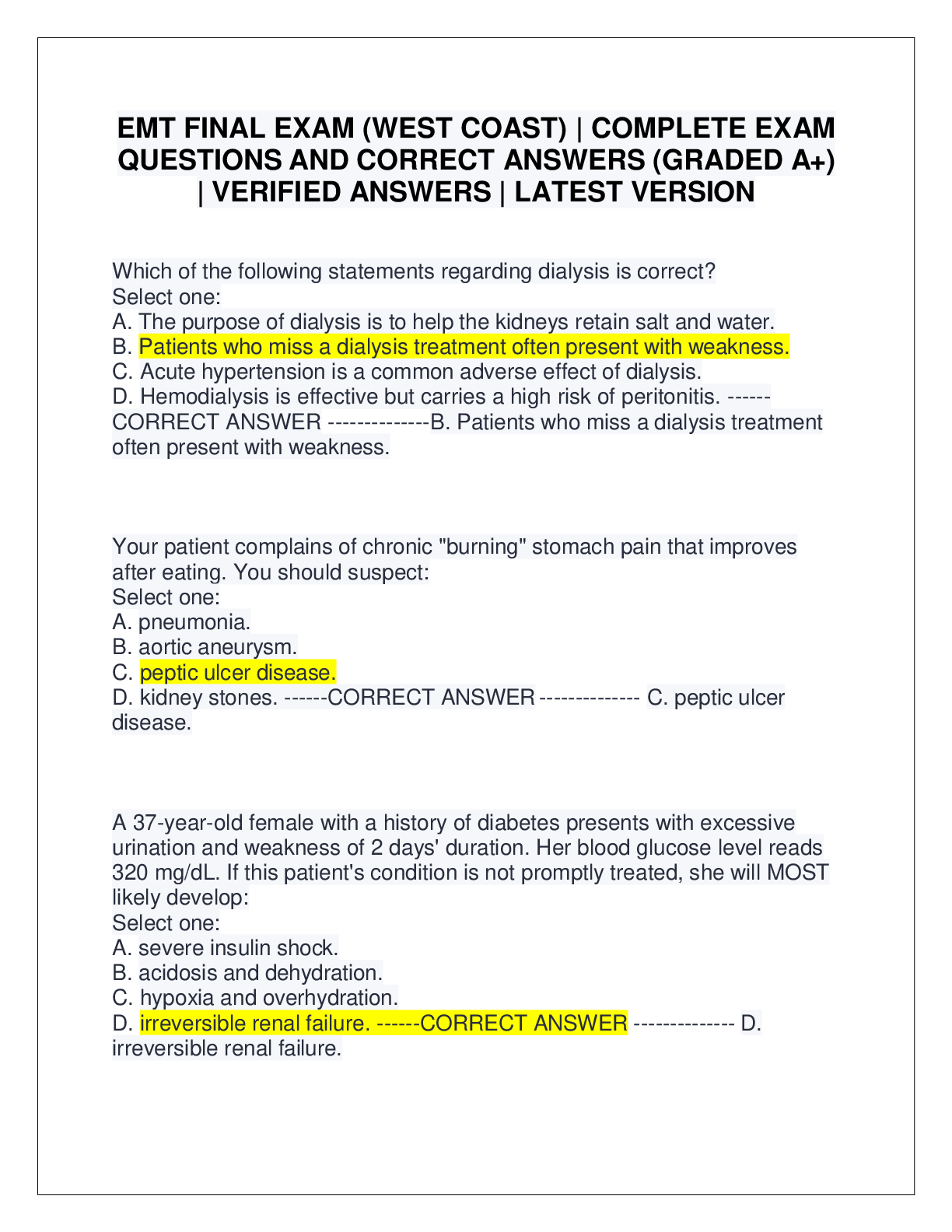 Preview image for EMT FINAL EXAM (WEST COAST) | COMPLETE EXAM  QUESTIONS AND CORRECT ANSWERS (GRADED A+)  | VERIFIED ANSWERS | LATEST VERSION