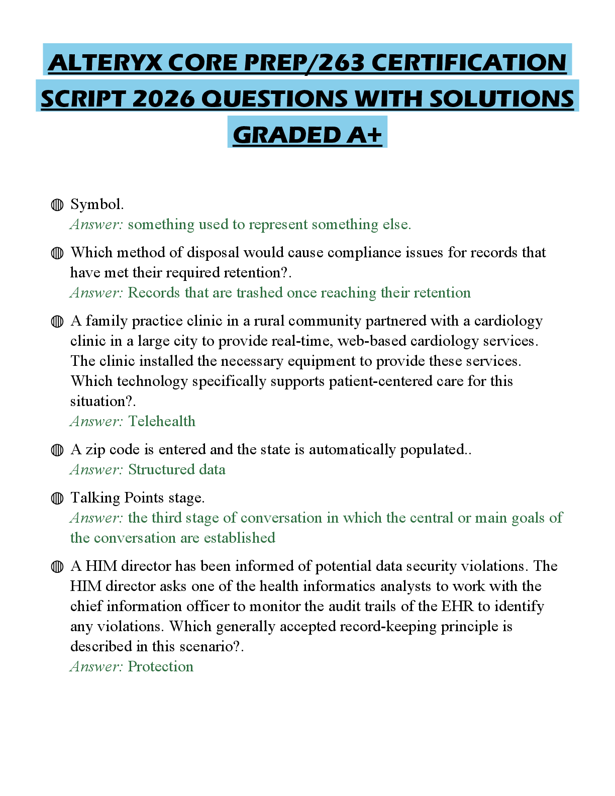 Recommended document preview for ALTERYX CORE PREP/263 CERTIFICATION SCRIPT 2026 QUESTIONS WITH SOLUTIONS GRADED A+