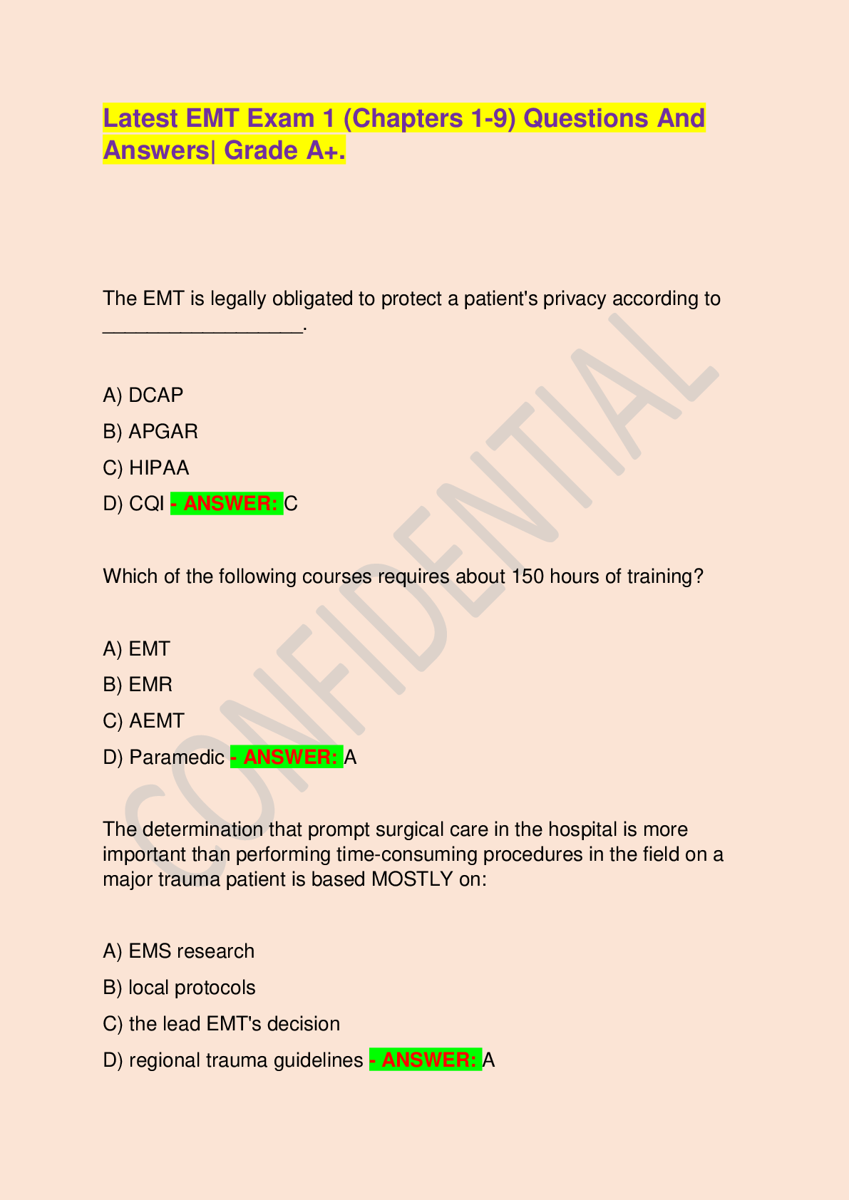 Preview of Latest EMT Exam 1 (Chapters 1-9) Questions And Answers| Grade A+.
