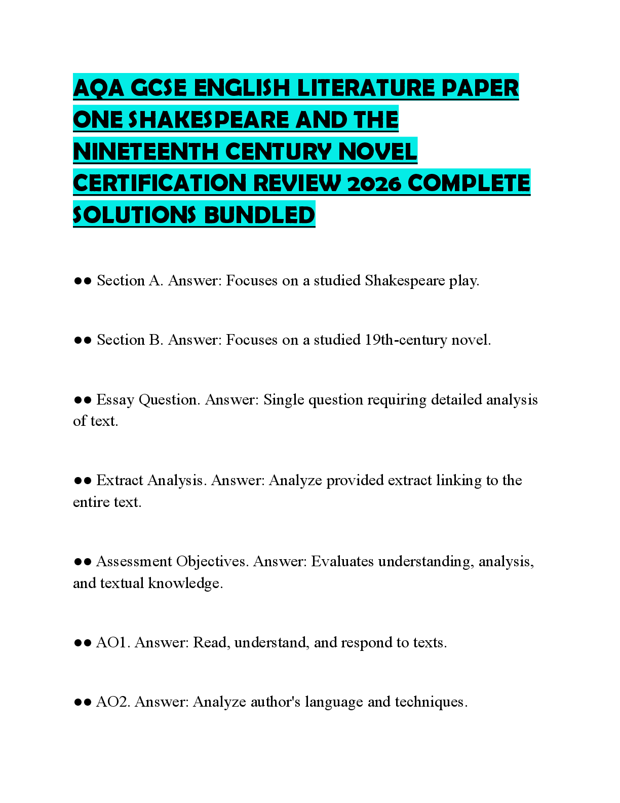 Recommended document preview for AQA GCSE ENGLISH LITERATURE PAPER ONE SHAKESPEARE AND THE NINETEENTH CENTURY NOVEL CERTIFICATION REVIEW 2026 COMPLETE SOLUTIONS BUNDLED