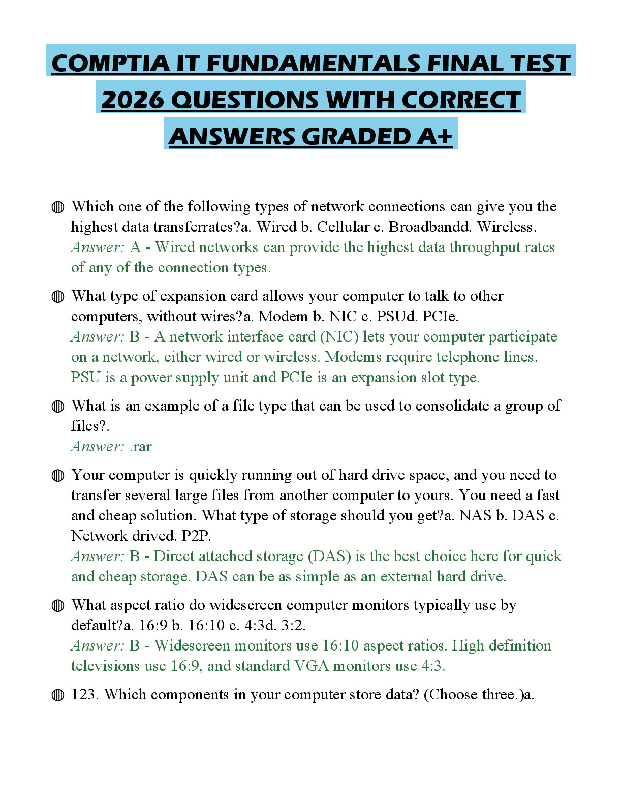 Recommended document preview for COMPTIA IT FUNDAMENTALS FINAL TEST 2026 QUESTIONS WITH CORRECT ANSWERS GRADED A+