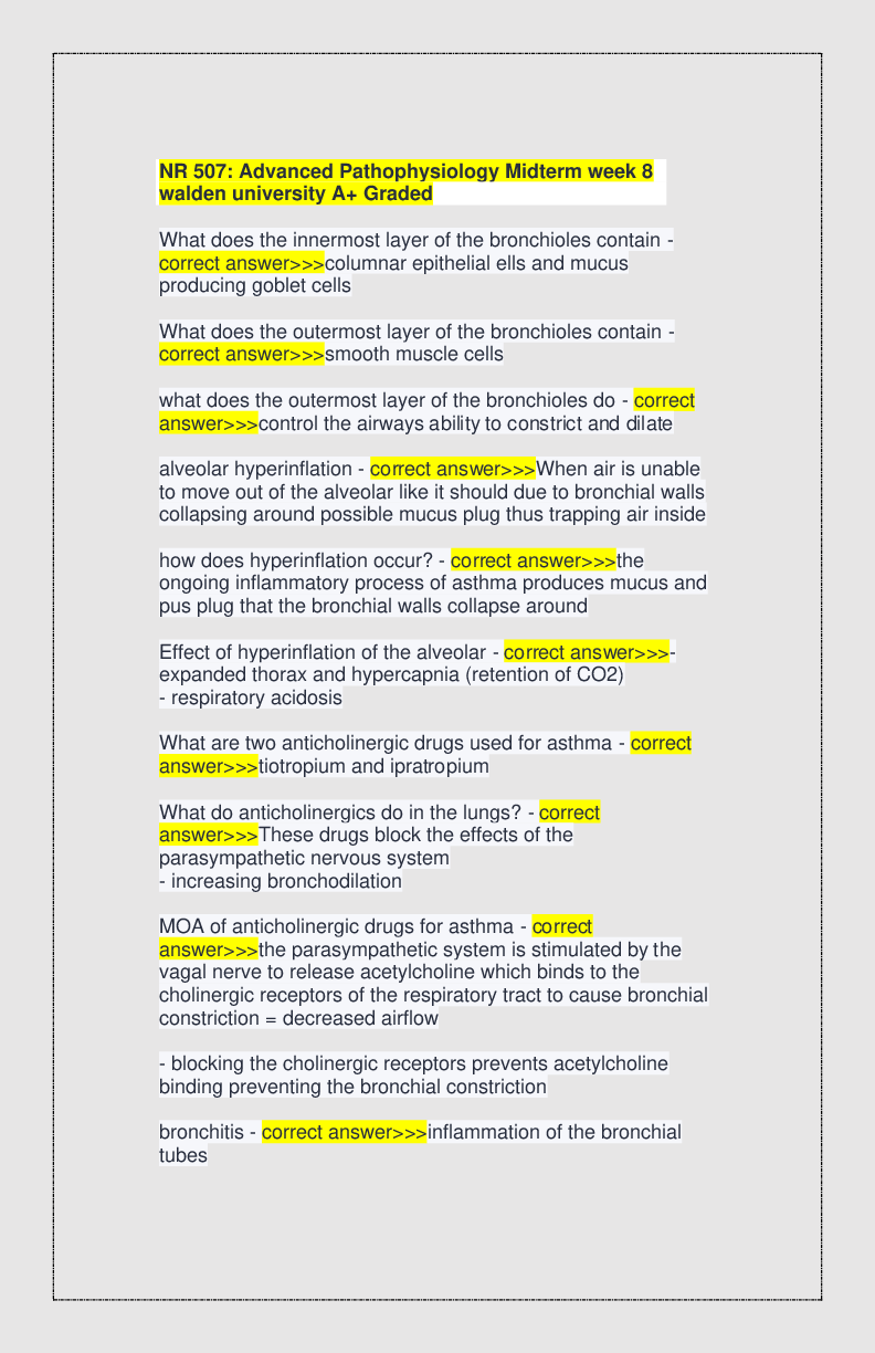 Recommended document preview for NR 507: Advanced Pathophysiology Midterm week 8 walden university A+ Graded