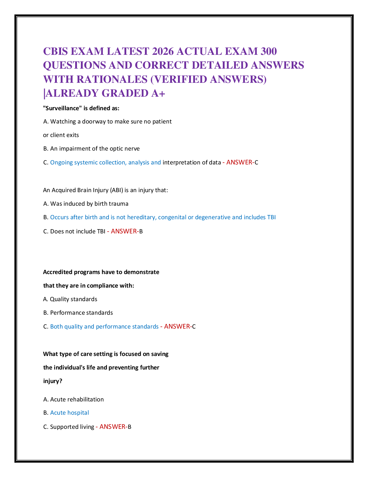 Recommended document preview for CBIS EXAM LATEST 2026 ACTUAL EXAM 300   QUESTIONS AND CORRECT DETAILED ANSWERS   WITH RATIONALES (VERIFIED ANSWERS)  |ALREADY GRADED A+