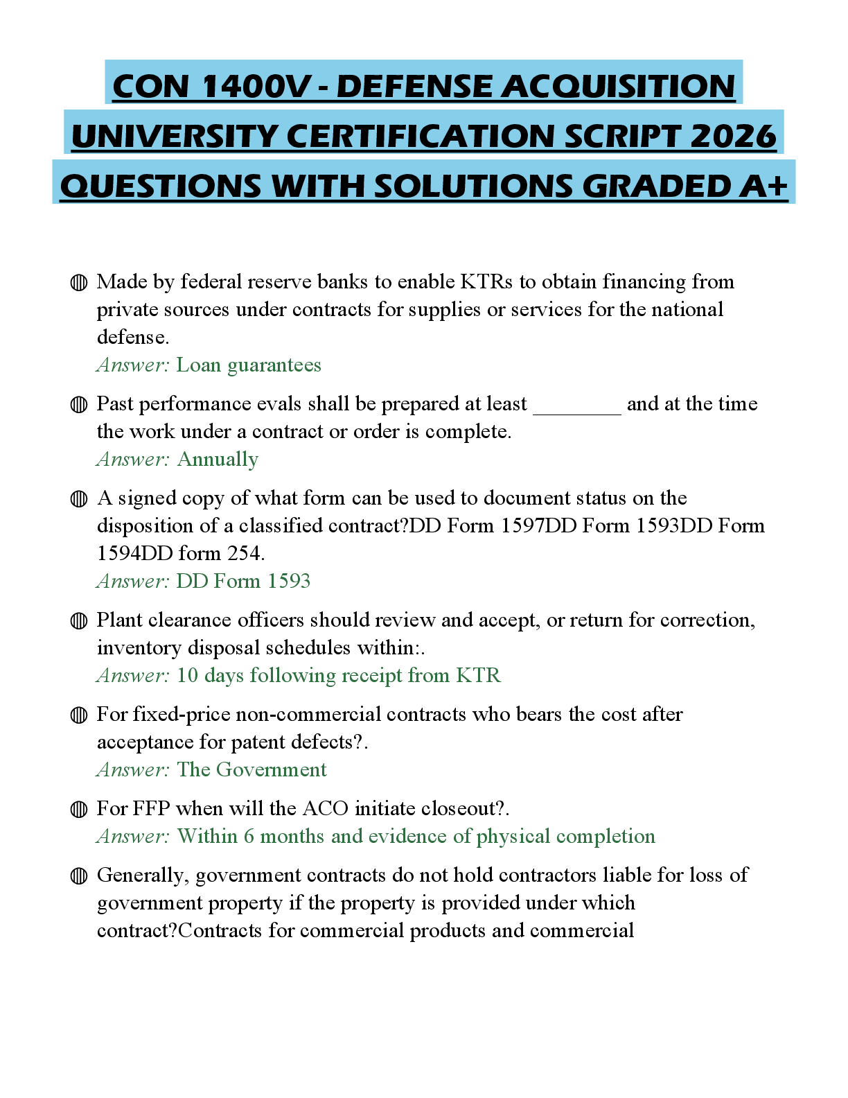 Recommended document preview for CON 1400V - DEFENSE ACQUISITION UNIVERSITY CERTIFICATION SCRIPT 2026 QUESTIONS WITH SOLUTIONS GRADED A+