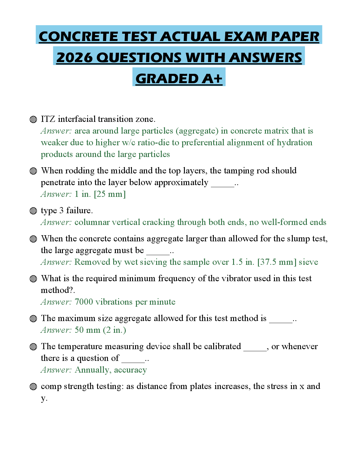 Recommended document preview for CONCRETE TEST ACTUAL EXAM PAPER 2026 QUESTIONS WITH ANSWERS GRADED A+