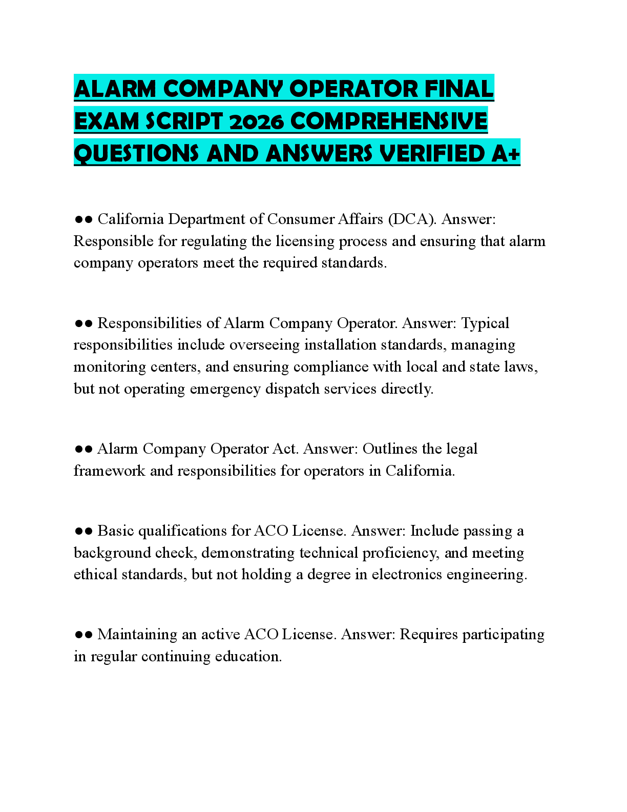 Preview of ALARM COMPANY OPERATOR EXAMPREP STUDY GUIDE 2026 DETAILED QUESTIONS AND CORRECT ANSWERS GR