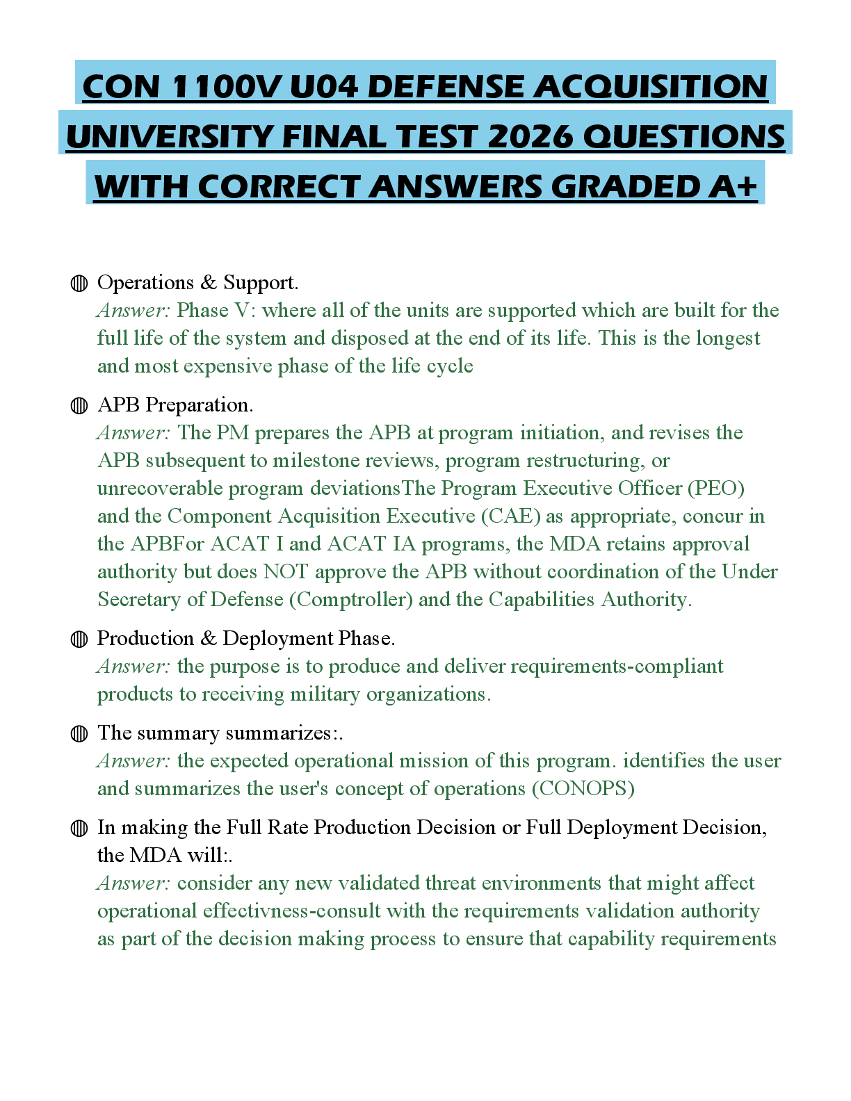 Recommended document preview for CON 1100V U04 DEFENSE ACQUISITION UNIVERSITY FINAL TEST 2026 QUESTIONS WITH CORRECT ANSWERS GRADED A+