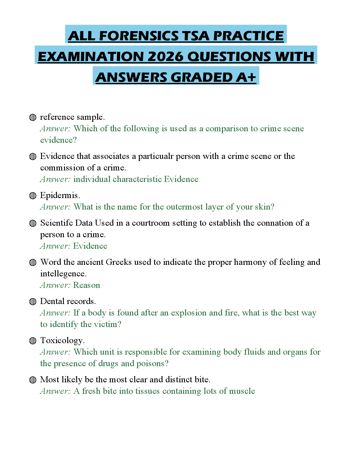 Recommended document preview for ALL FORENSICS TSA PRACTICE EXAMINATION 2026 QUESTIONS WITH ANSWERS GRADED A+