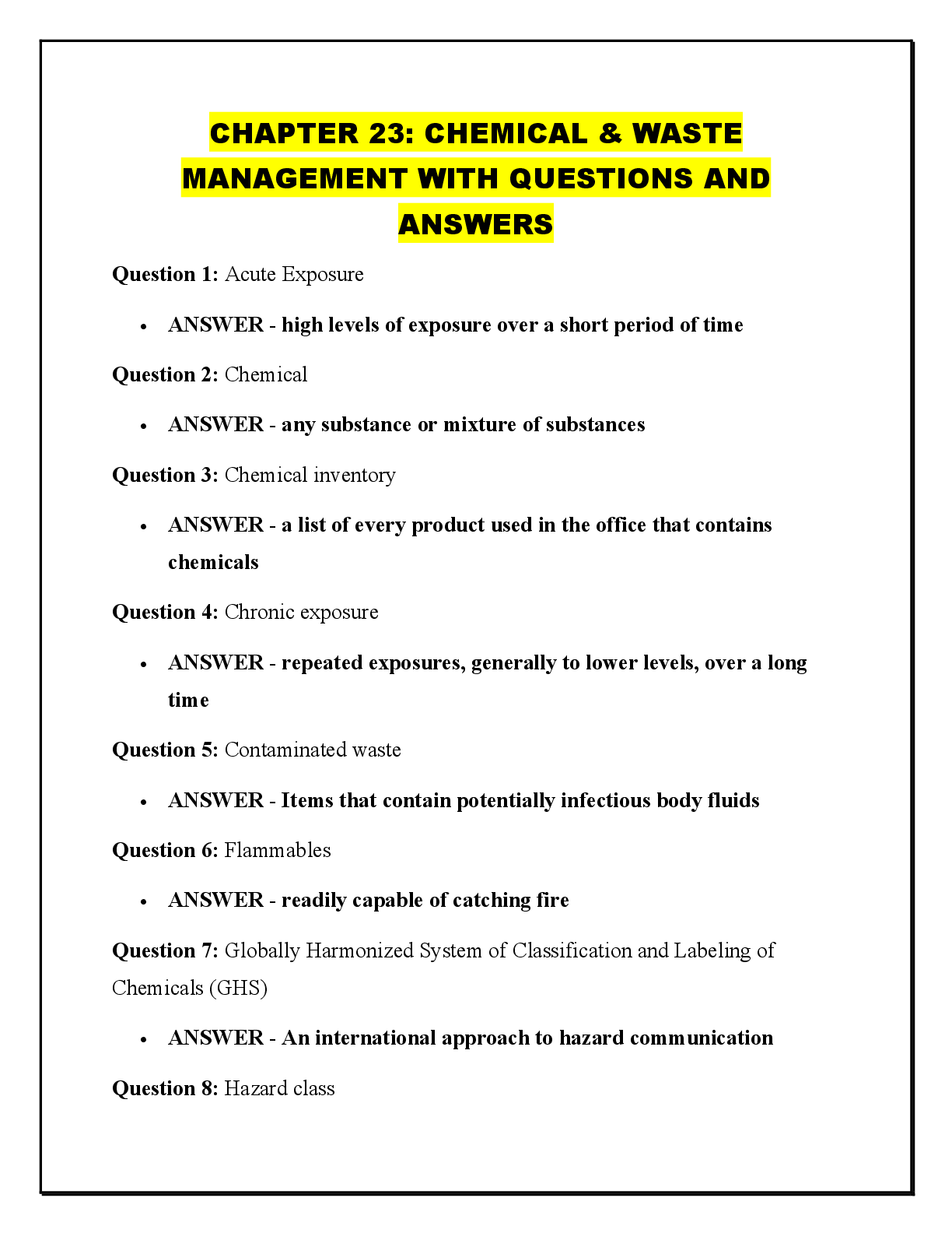 Preview of CHAPTER 23: CHEMICAL & WASTE MANAGEMENT WITH QUESTIONS AND ANSWERS