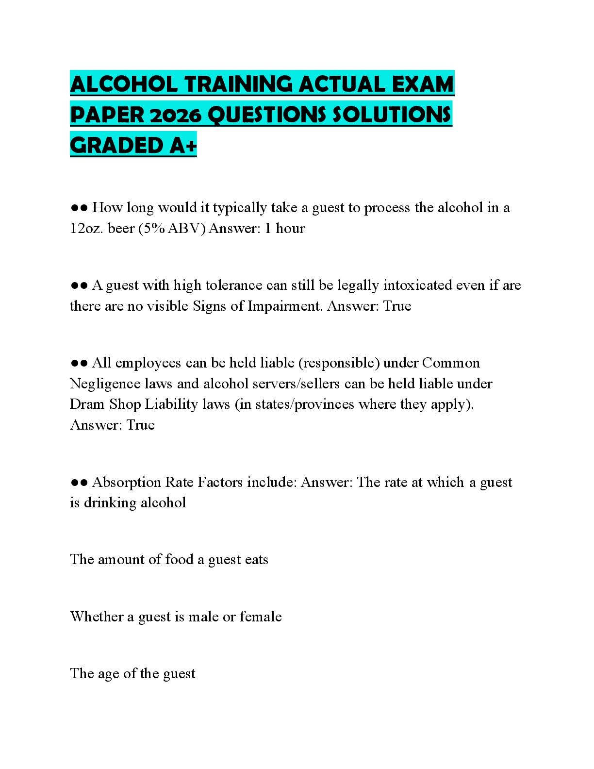 Preview of ALCOHOL TRAINING ACTUAL EXAM PAPER 2026 QUESTIONS SOLUTIONS GRADED A+