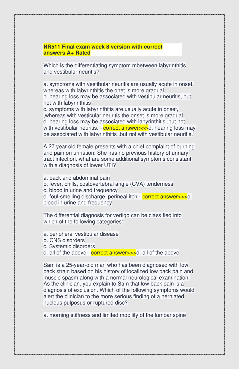 Recommended document preview for NR511 Final exam week 8 version with correct answers A+ Rated