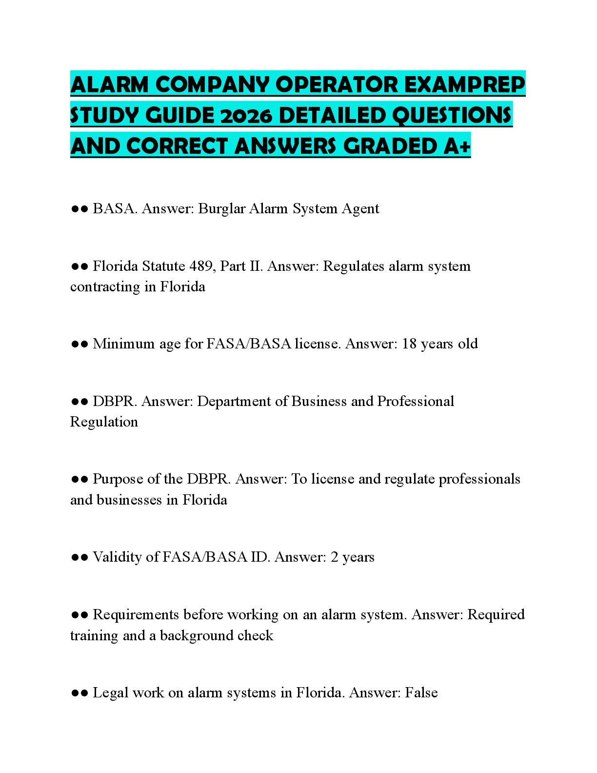Preview of ALARM COMPANY OPERATOR EXAMPREP STUDY GUIDE 2026 DETAILED QUESTIONS AND CORRECT ANSWERS GR
