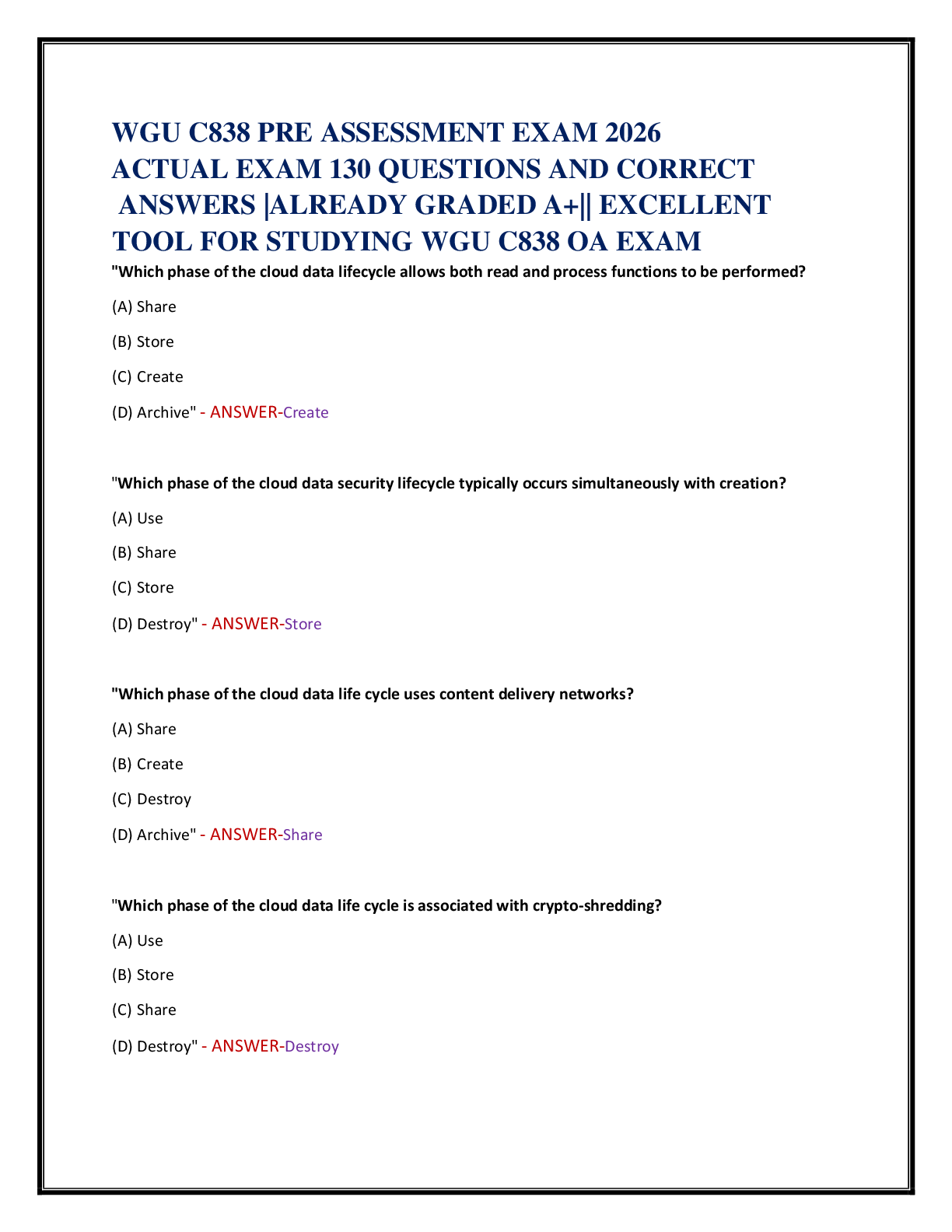 Recommended document preview for WGU C838 PRE ASSESSMENT EXAM 2026   ACTUAL EXAM 130 QUESTIONS AND CORRECT   ANSWERS |ALREADY GRADED A+|| EXCELLENT  TOOL FOR STUDYING WGU C838 OA EXAM