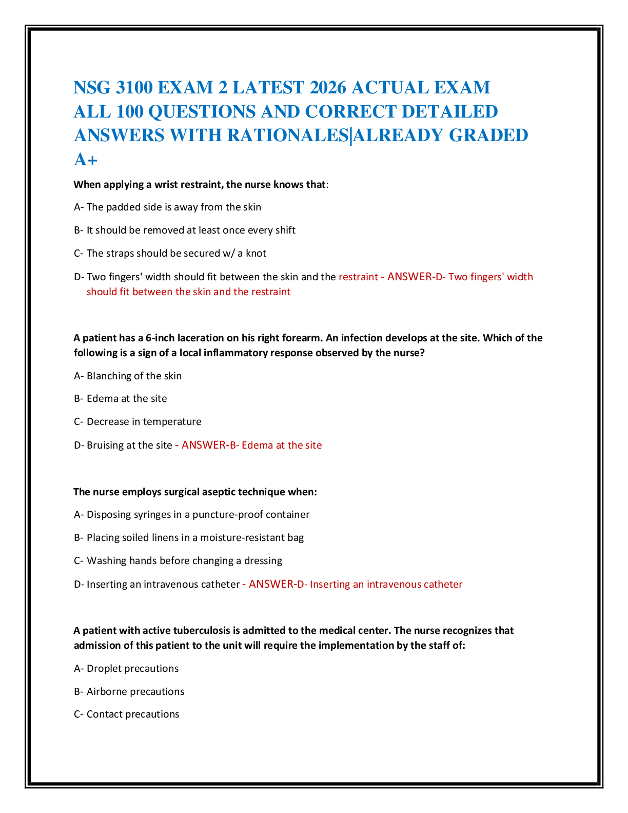 Recommended document preview for NSG 3100 EXAM 2 LATEST 2026 ACTUAL EXAM   ALL 100 QUESTIONS AND CORRECT DETAILED  ANSWERS WITH RATIONALES|ALREADY GRADED  A+