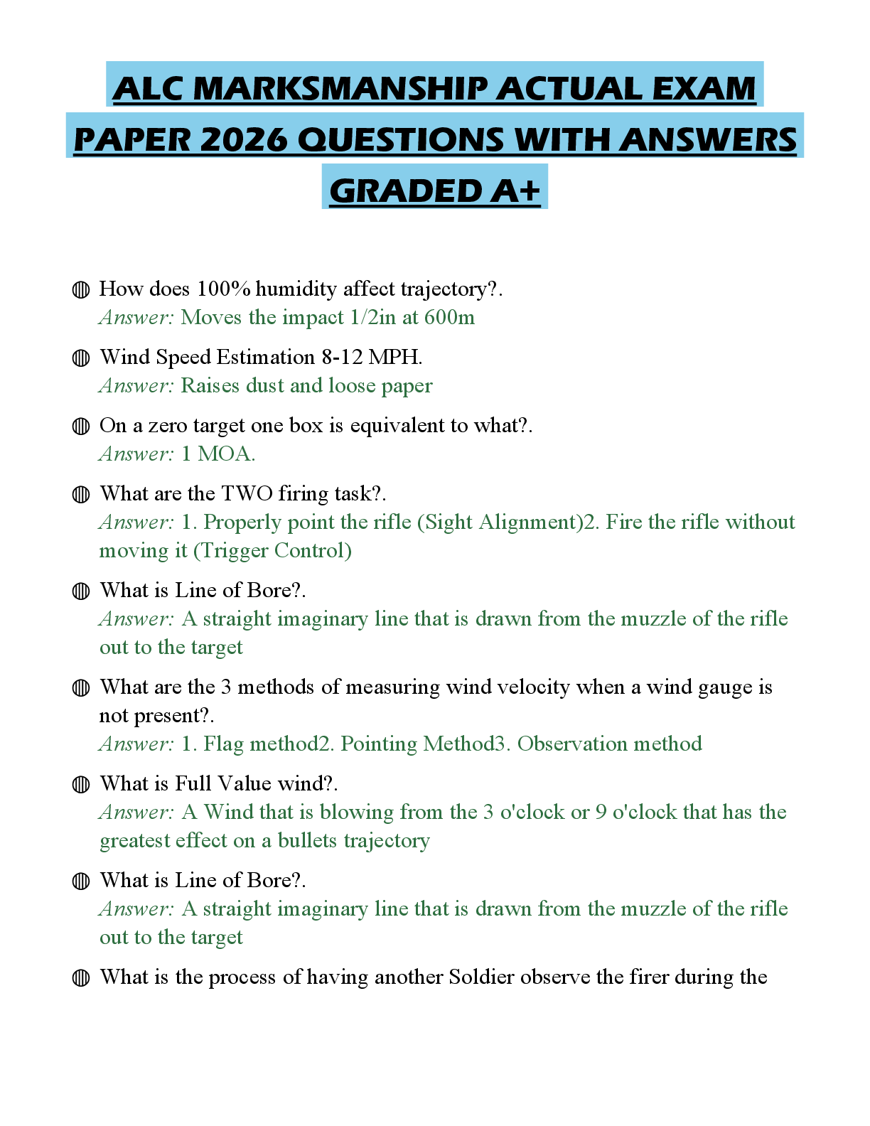 Preview of ALC MARKSMANSHIP ACTUAL EXAM PAPER 2026 QUESTIONS WITH ANSWERS GRADED A+