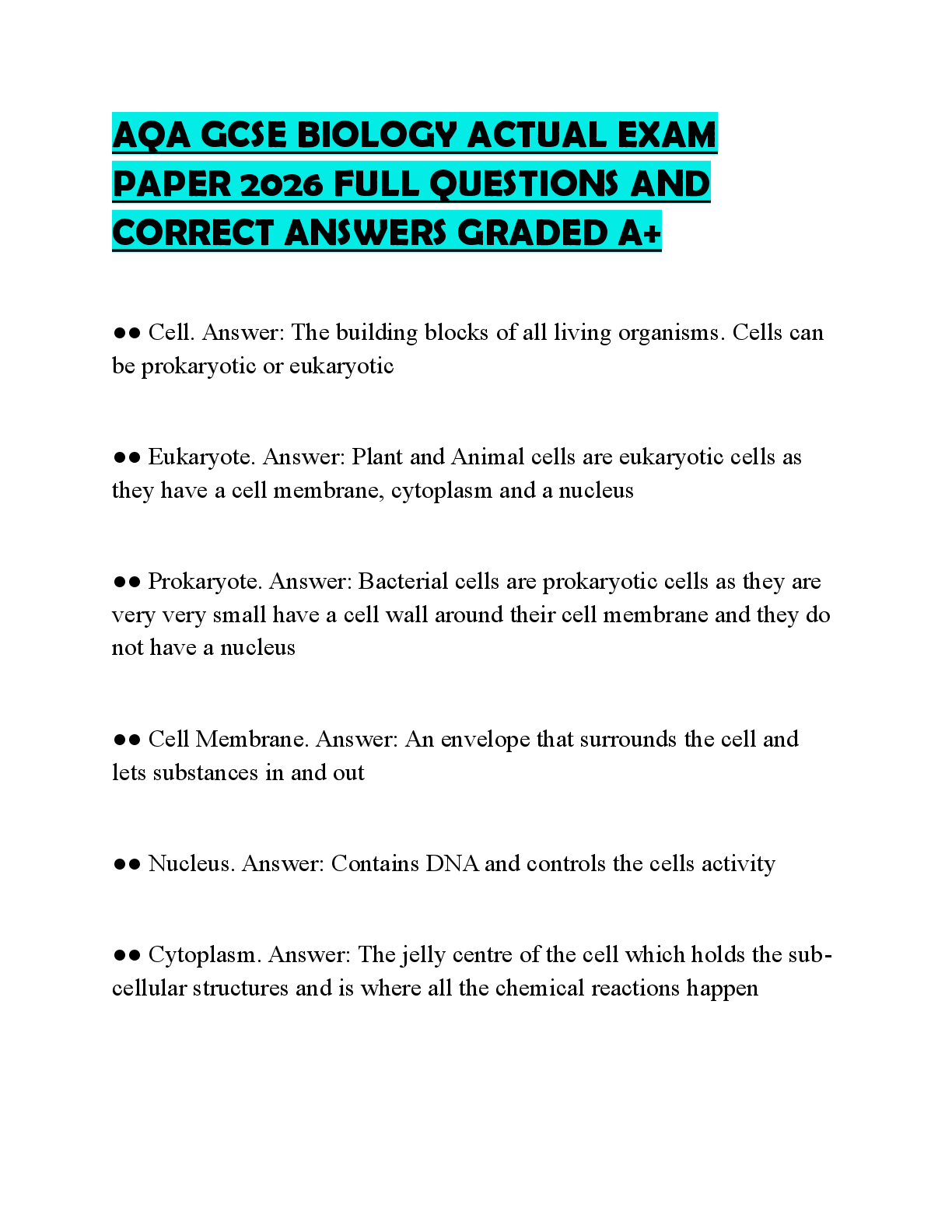 Recommended document preview for AQA GCSE BIOLOGY ACTUAL EXAM PAPER 2026 FULL QUESTIONS AND CORRECT ANSWERS GRADED A+