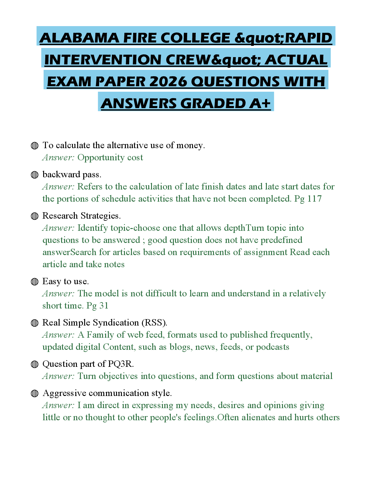Recommended document preview for ALABAMA FIRE COLLEGE "RAPID INTERVENTION CREW" CERTIFICATION SCRIPT 2026 QUESTIONS WITH SOLUTIONS GRADED A+