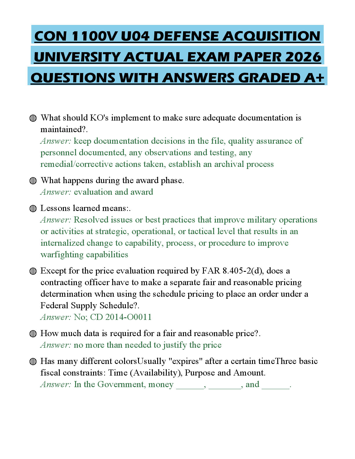 Recommended document preview for CON 1100V U04 DEFENSE ACQUISITION UNIVERSITY ACTUAL EXAM PAPER 2026 QUESTIONS WITH ANSWERS GRADED A+