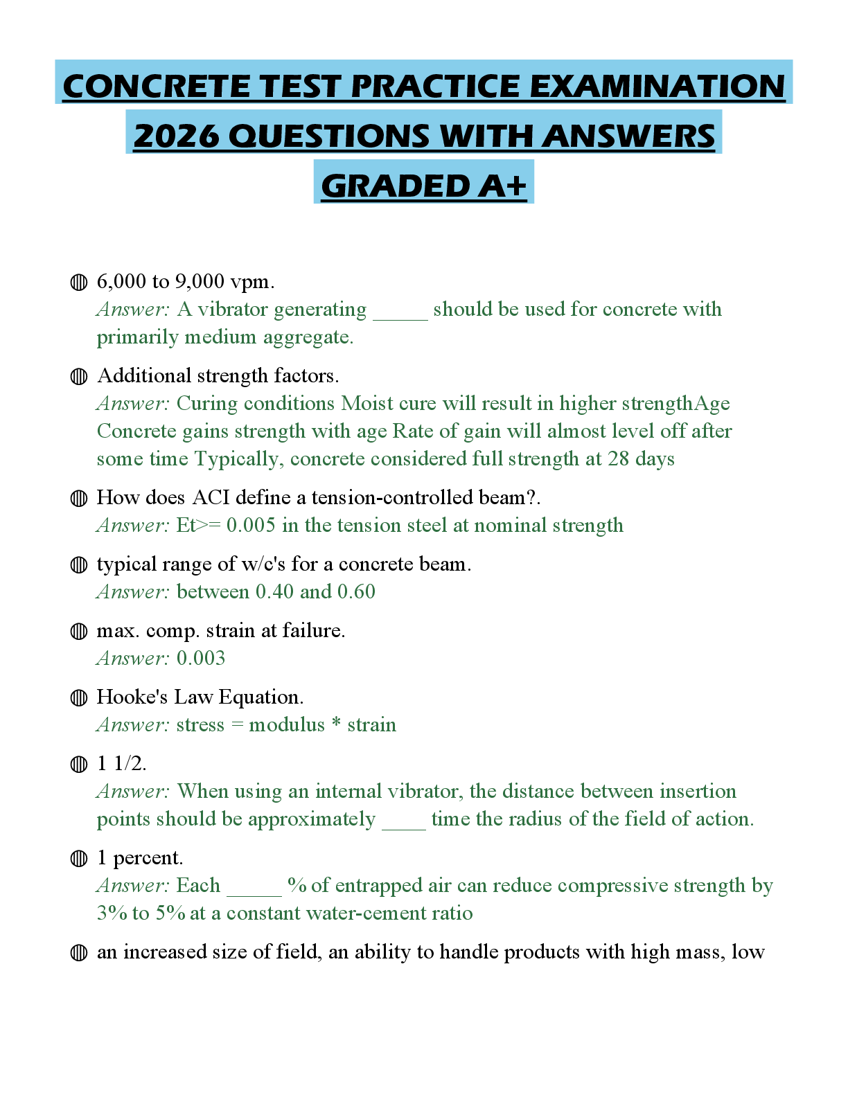 Recommended document preview for CONCRETE TEST PRACTICE EXAMINATION 2026 QUESTIONS WITH ANSWERS GRADED A+