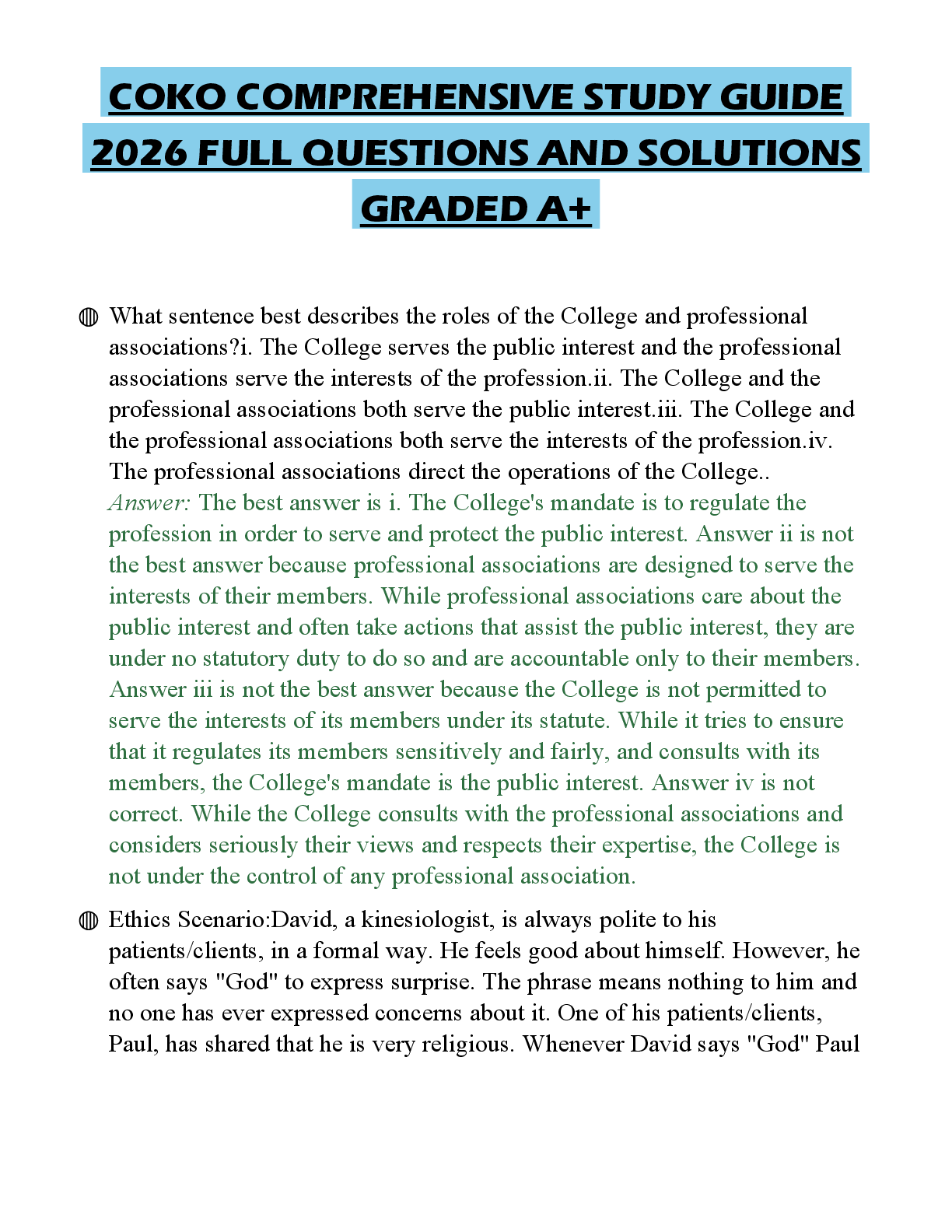 Recommended document preview for COKO COMPREHENSIVE STUDY GUIDE 2026 FULL QUESTIONS AND SOLUTIONS GRADED A+