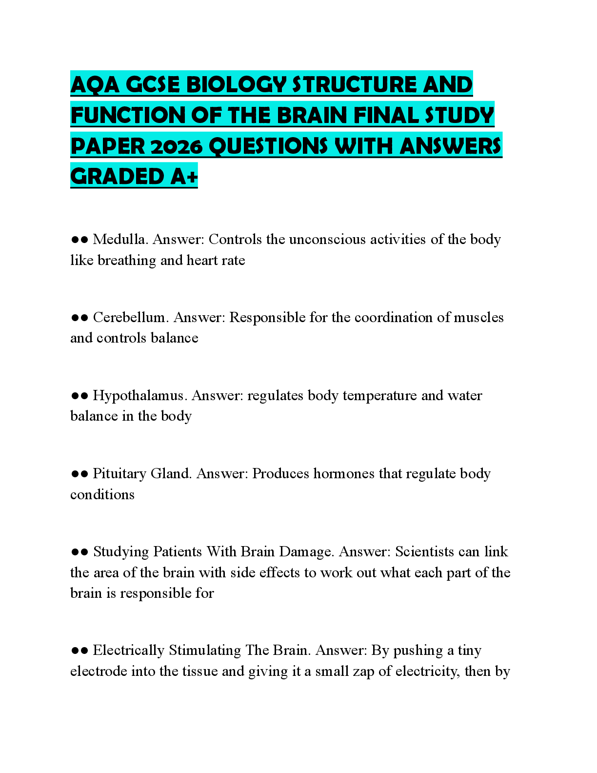 Recommended document preview for AQA GCSE BIOLOGY STRUCTURE AND FUNCTION OF THE BRAIN FINAL STUDY PAPER 2026 QUESTIONS WITH ANSWERS GRADED A+