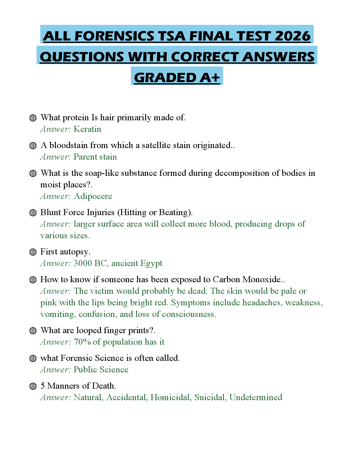 Recommended document preview for ALL FORENSICS TSA FINAL TEST 2026 QUESTIONS WITH CORRECT ANSWERS GRADED A+