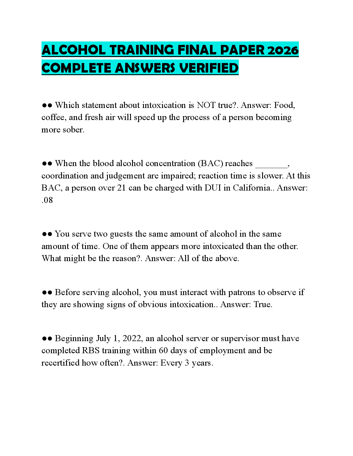 Preview of ALCOHOL TRAINING FINAL PAPER 2026 COMPLETE ANSWERS VERIFIED