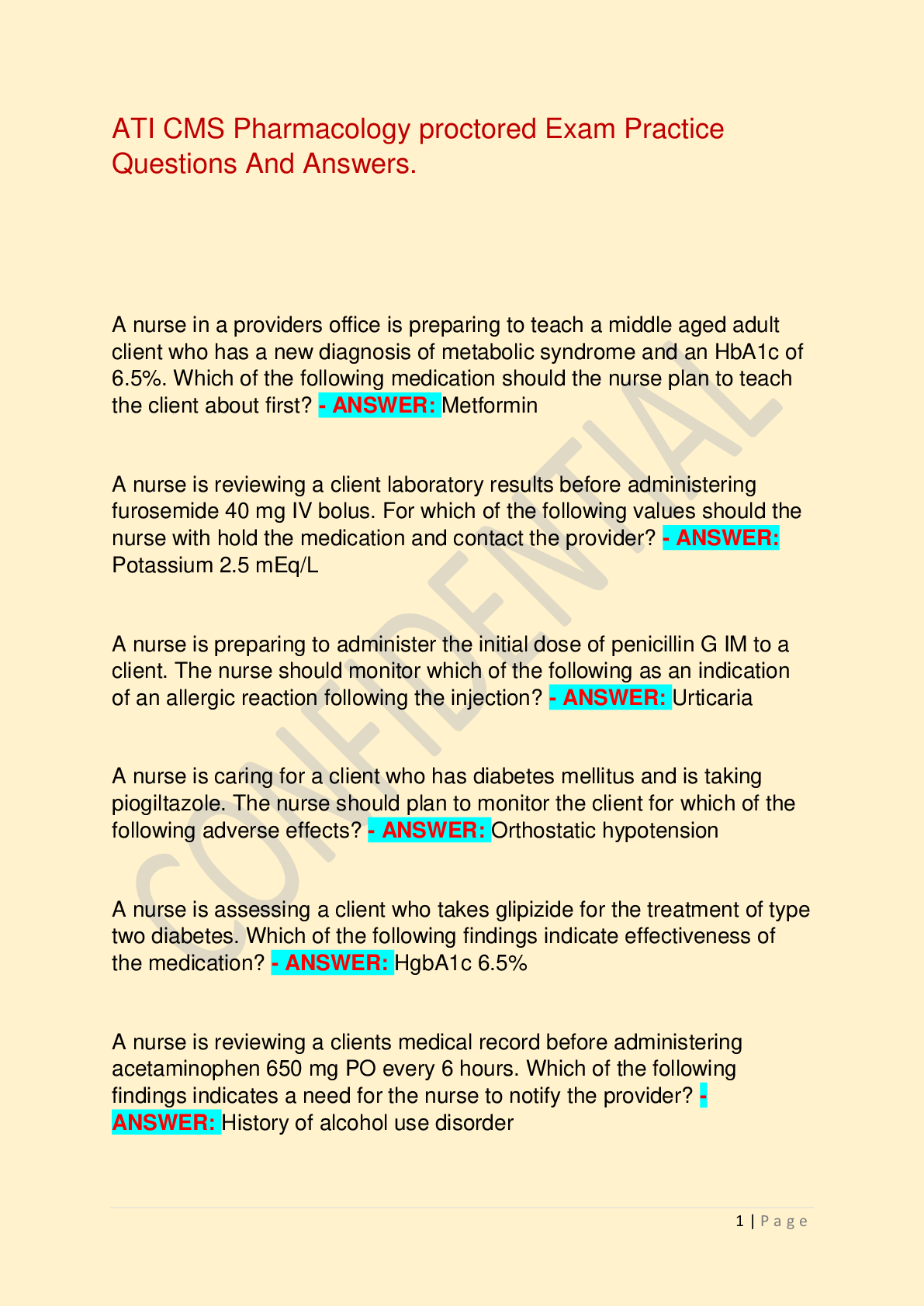 Preview of ATI CMS Pharmacology proctored Exam Practice Questions And Answers.
