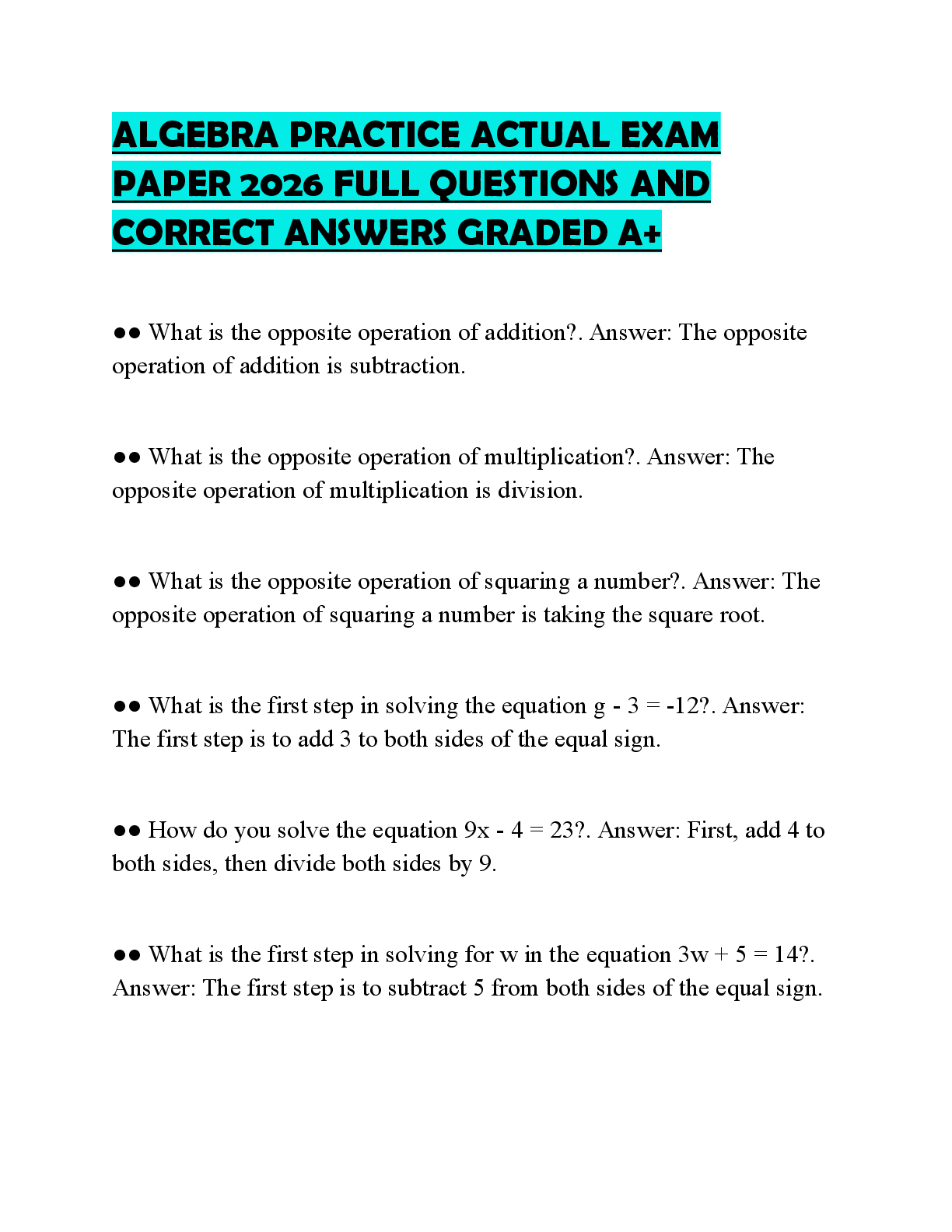 Recommended document preview for ALGEBRA PRACTICE ACTUAL EXAM PAPER 2026 FULL QUESTIONS AND CORRECT ANSWERS GRADED A+