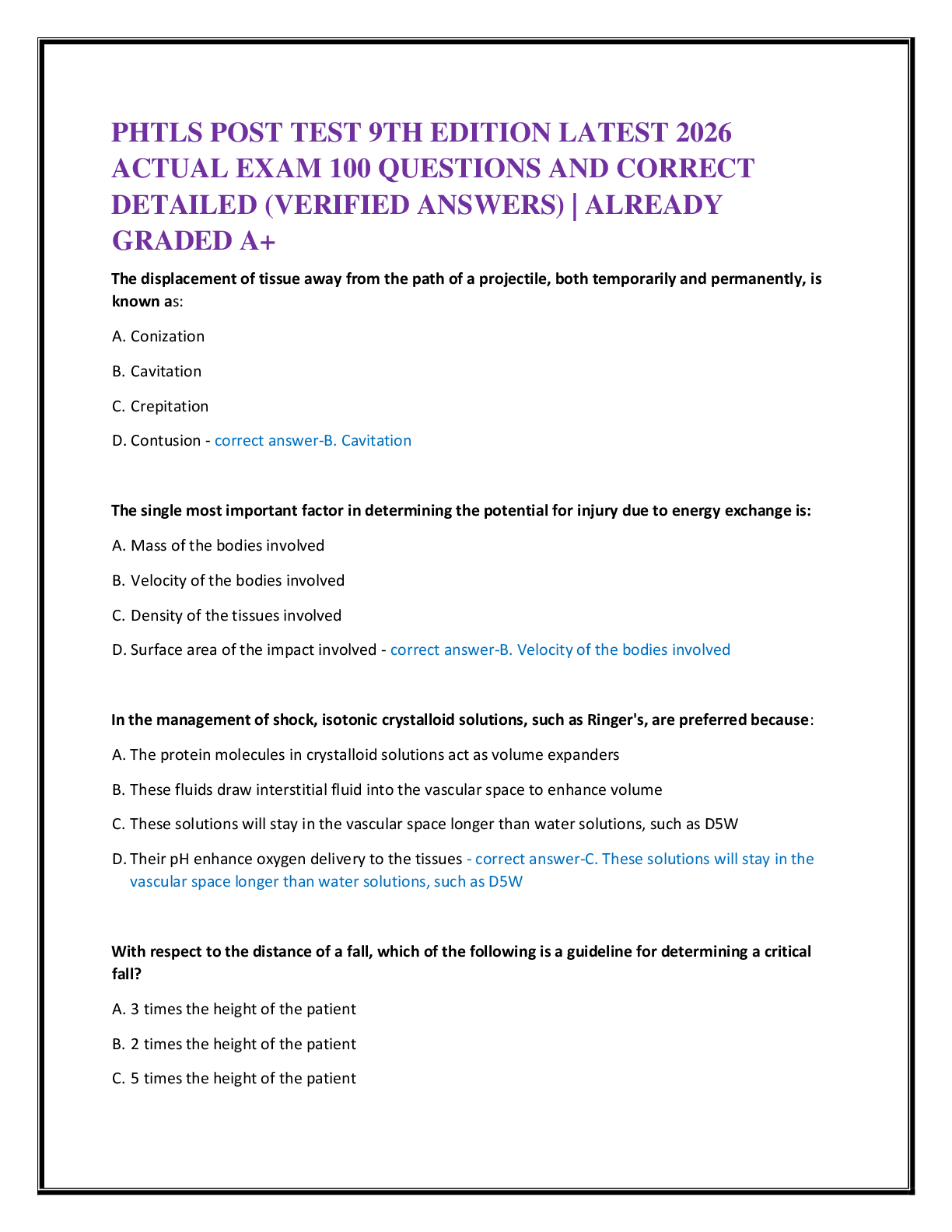 Recommended document preview for PHTLS POST TEST 9TH EDITION LATEST 2026   ACTUAL EXAM 100 QUESTIONS AND CORRECT   DETAILED (VERIFIED ANSWERS) | ALREADY  GRADED A+