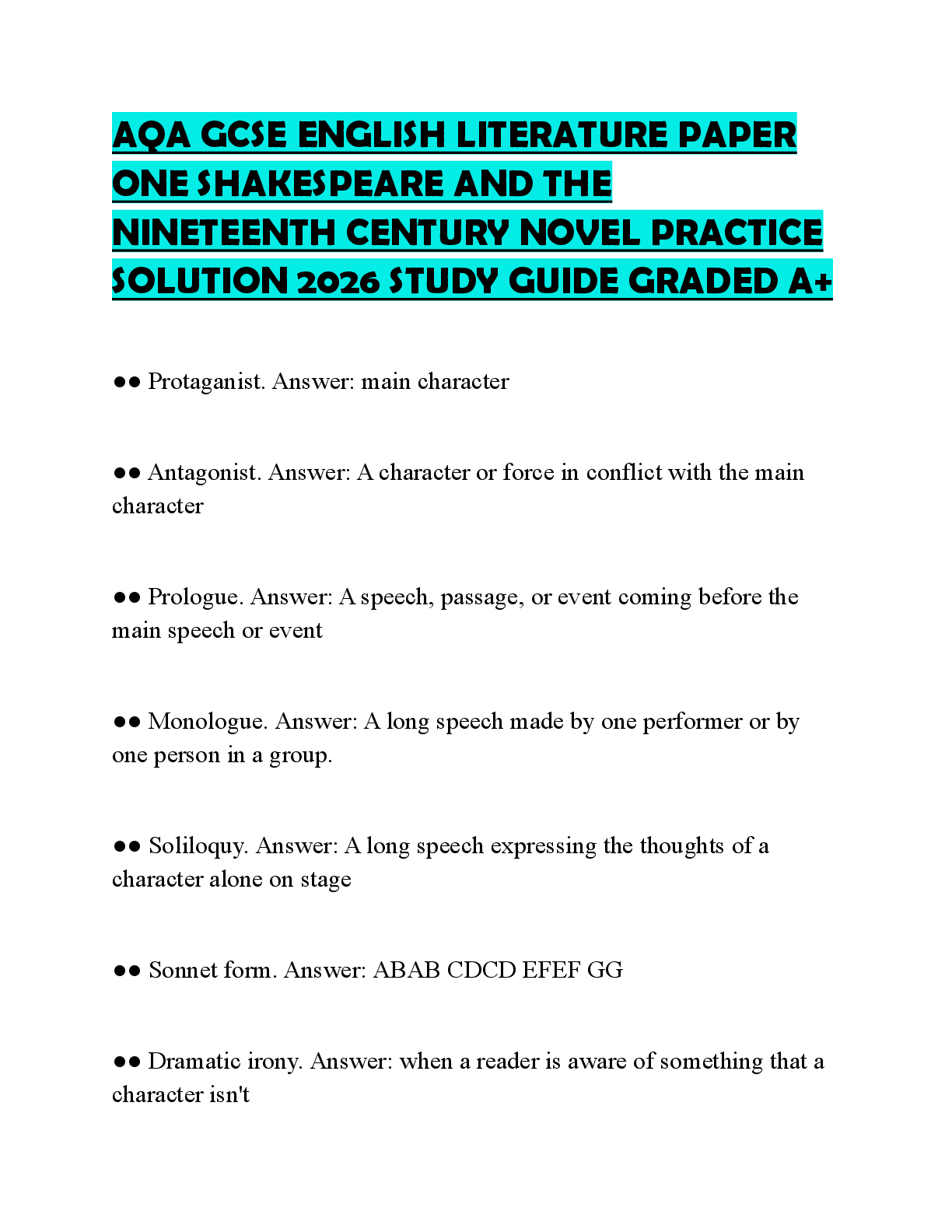 Recommended document preview for AQA GCSE ENGLISH LITERATURE PAPER ONE SHAKESPEARE AND THE NINETEENTH CENTURY NOVEL PRACTICE SOLUTION 2026 STUDY GUIDE GRADED A+
