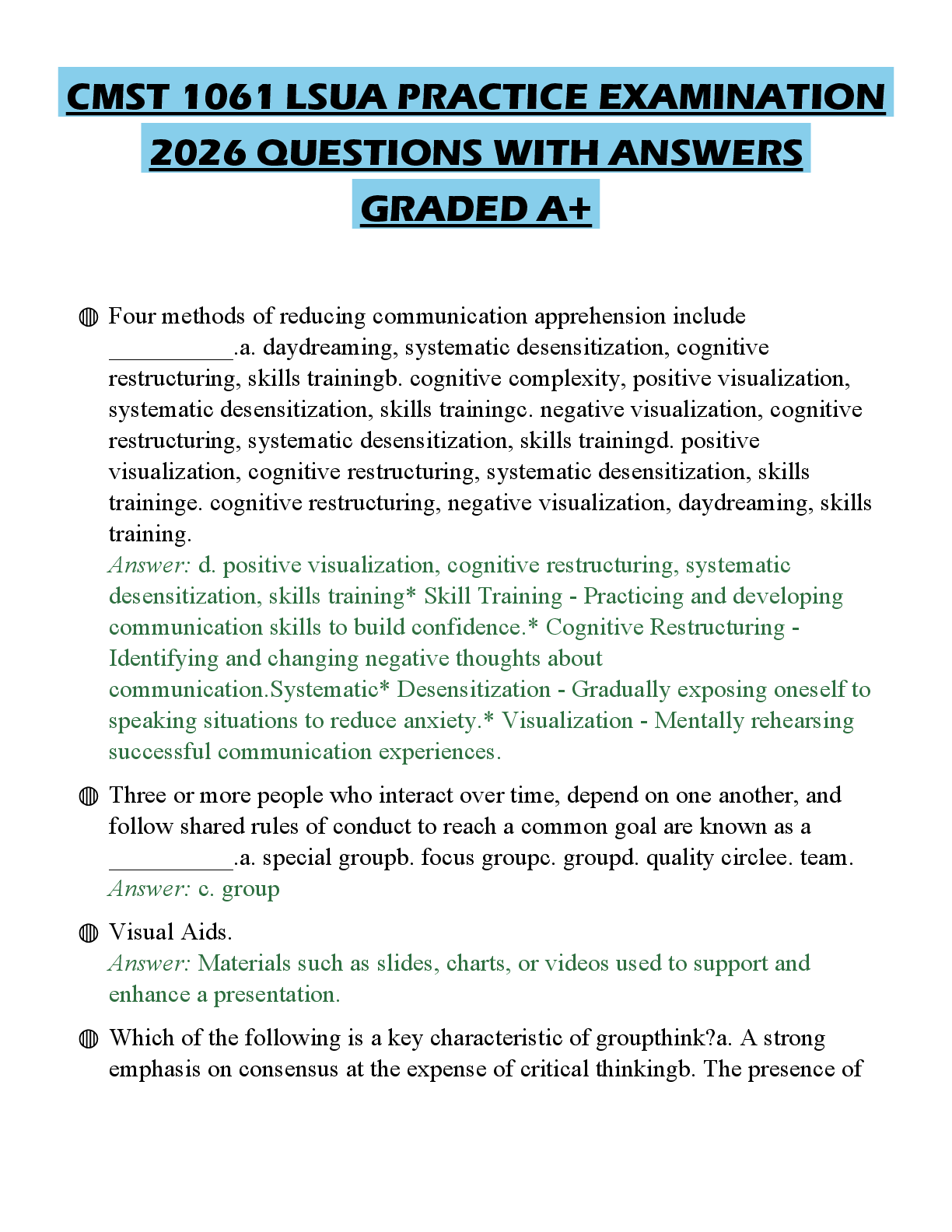 Recommended document preview for CMST 1061 LSUA PRACTICE EXAMINATION 2026 QUESTIONS WITH ANSWERS GRADED A+