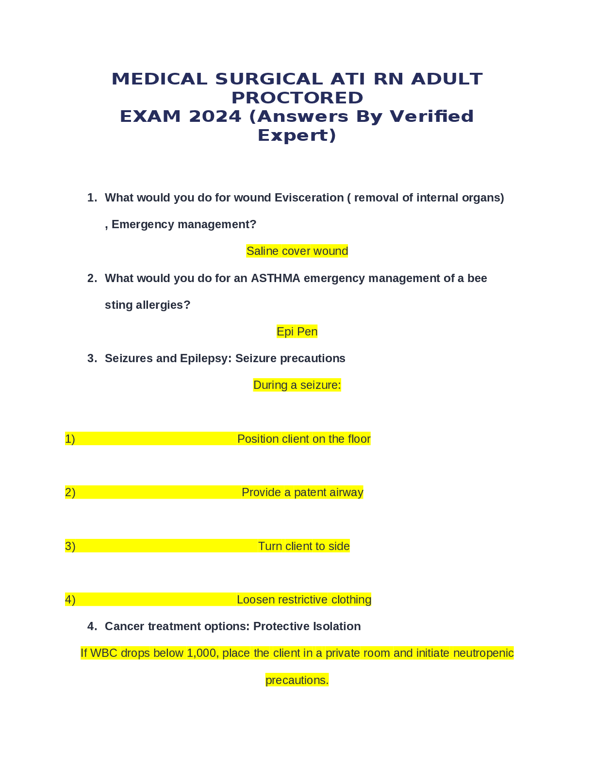 Recommended document preview for MEDICAL SURGICAL ATI RN ADULT  PROCTORED EXAM 2024 (Answers By Verified  Expert)