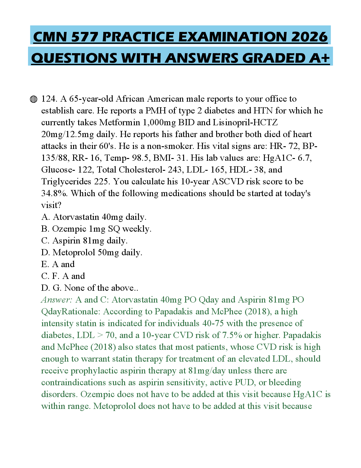 Recommended document preview for CMN 577 PRACTICE EXAMINATION 2026 QUESTIONS WITH ANSWERS GRADED A+