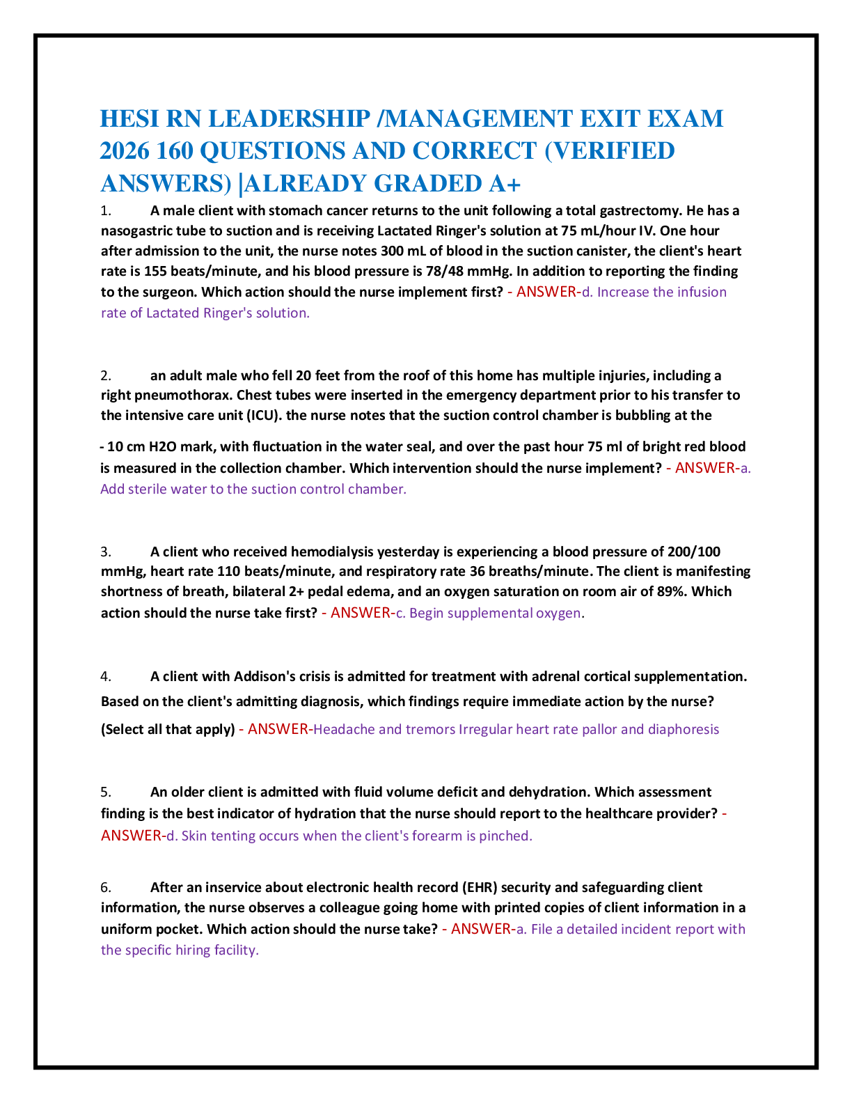 Preview of HESI RN LEADERSHIP /MANAGEMENT EXIT EXAM   2026 160 QUESTIONS AND CORRECT (VERIFIED  ANSWE