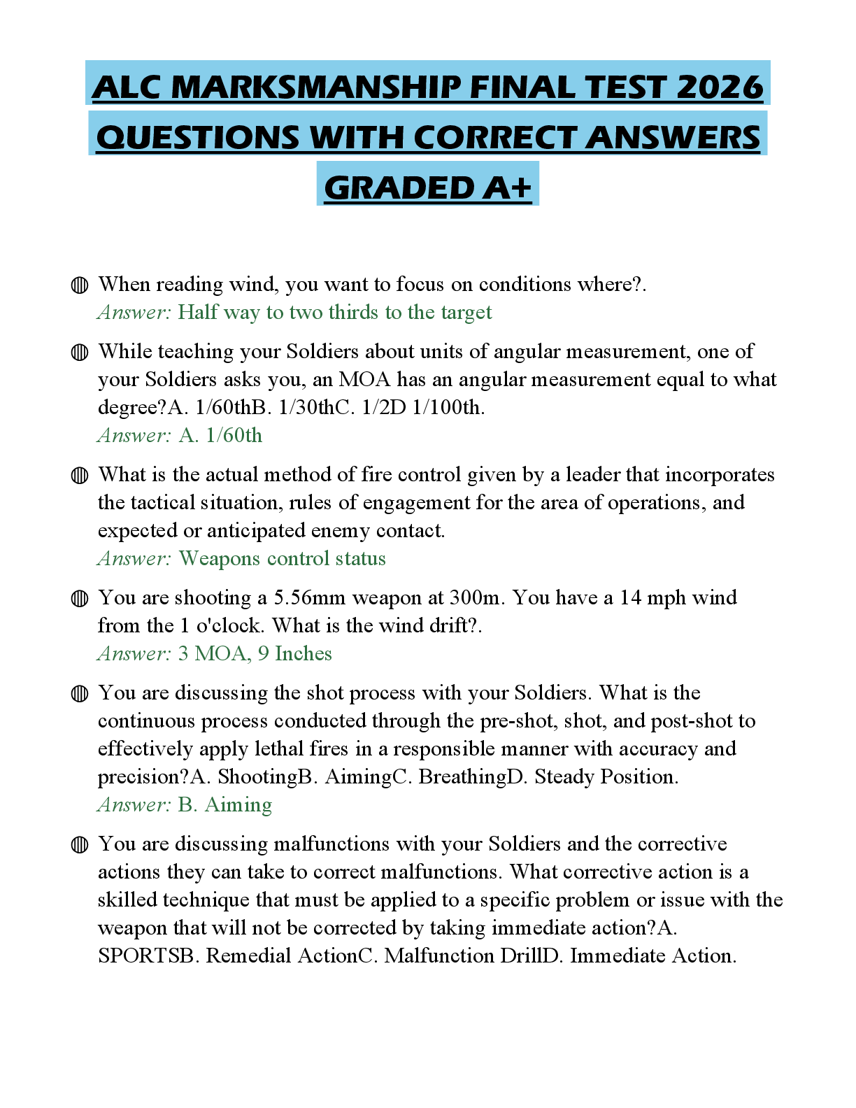 Preview of ALC MARKSMANSHIP FINAL TEST 2026 QUESTIONS WITH CORRE