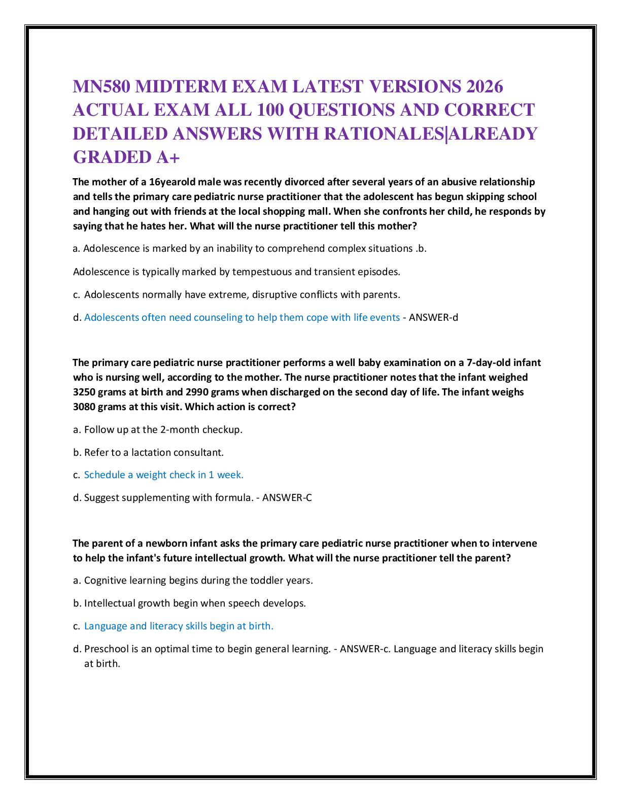 MN580 MIDTERM EXAM LATEST VERSIONS 2026   ACTUAL EXAM ALL 100 QUESTIONS AND CORRECT   DETAILED ANSWERS WITH RATIONALES|ALREADY  GRADED A+