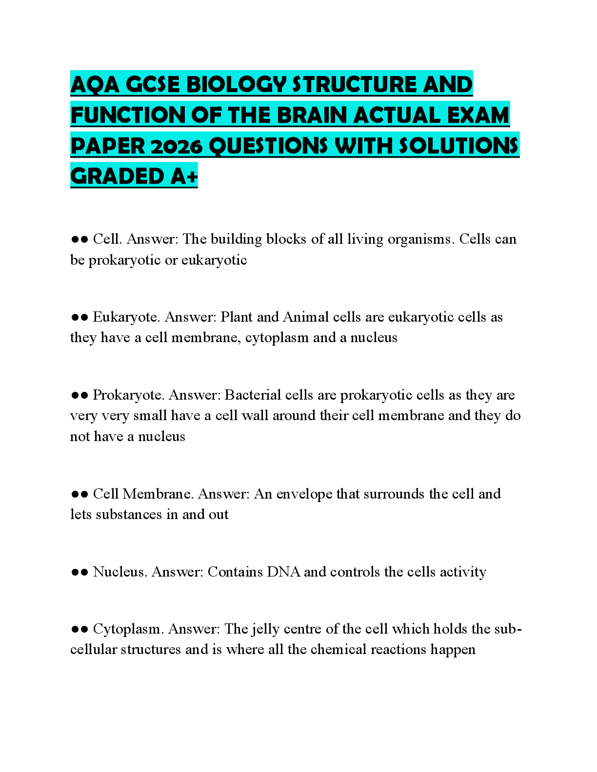 Recommended document preview for AQA GCSE BIOLOGY STRUCTURE AND FUNCTION OF THE BRAIN ACTUAL EXAM PAPER 2026 QUESTIONS WITH SOLUTIONS GRADED A+